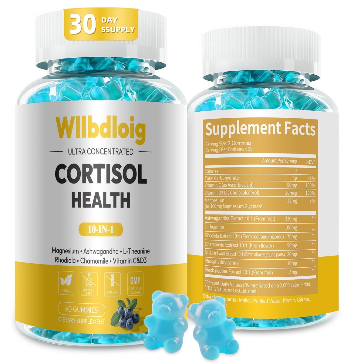 Gomitas cortisol Wllbdloig en frasco para apoyo diario frente al estrés.
