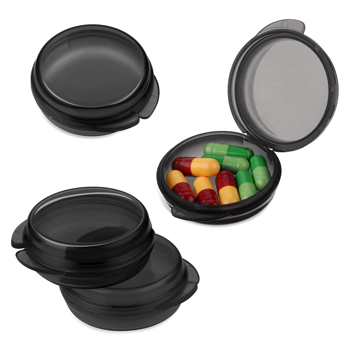 WLLHYF pastillas mini: organizador compacto con cuatro compartimentos en negro.
