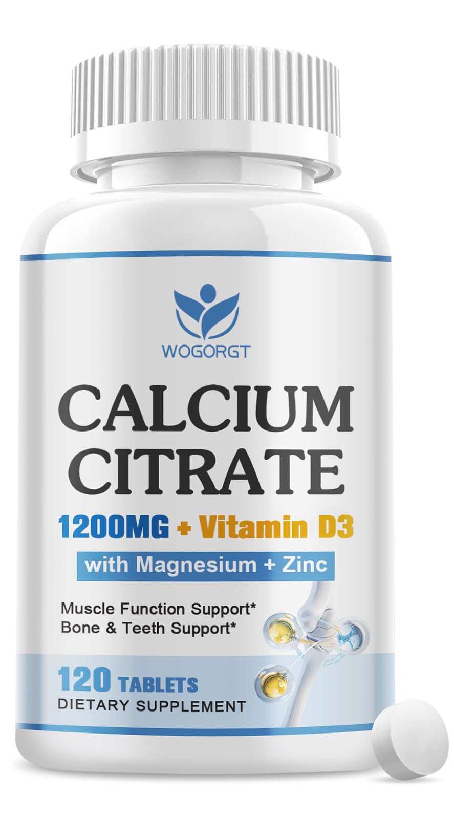 Botella de WOGORGT calcio citrato 1200 mg con D3, ideal para uso diario