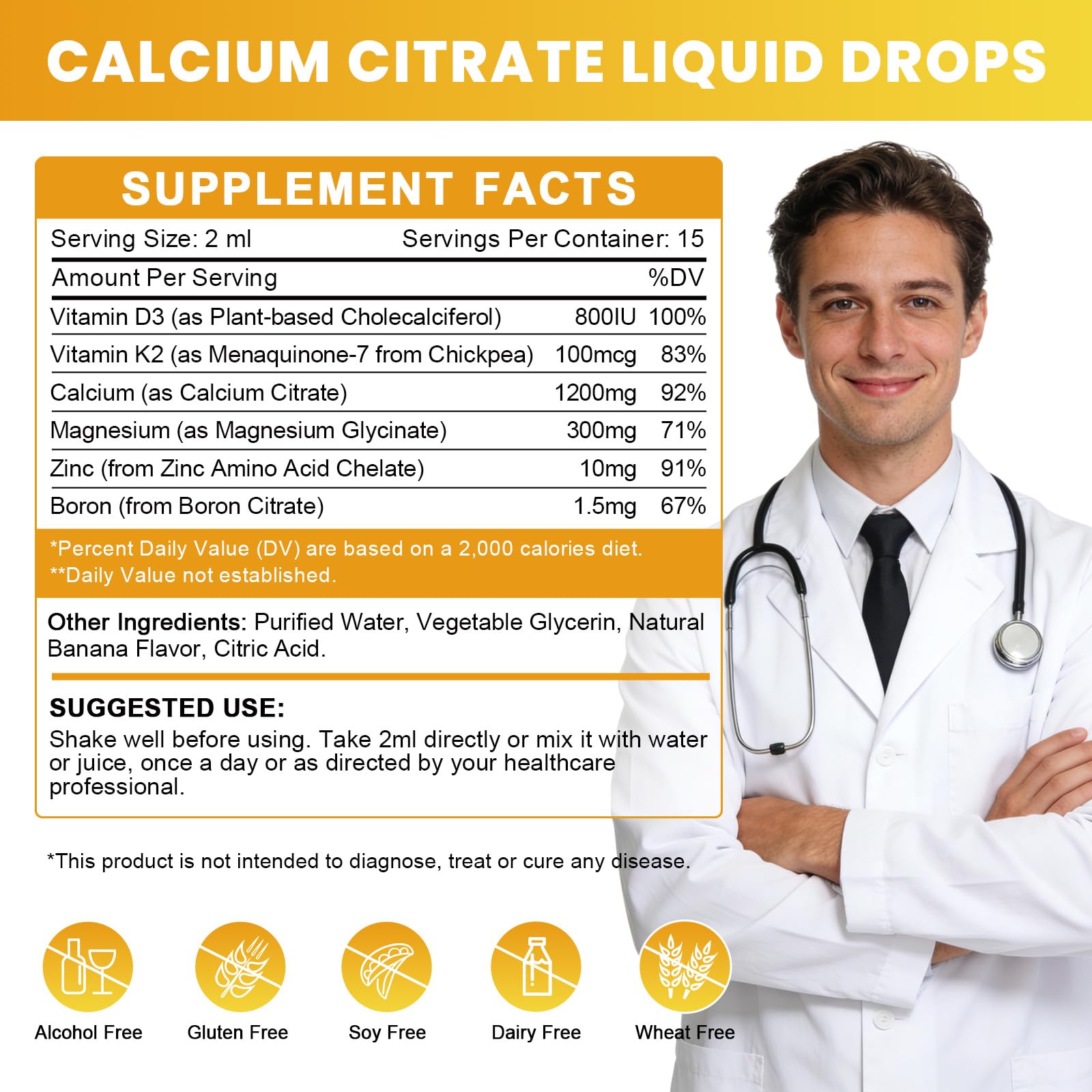Etiqueta de WOGORGT Calcio Citrato Drops mostrando D3 y K2 para apoyo mineral
