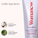 Textura cremosa de Womaness Coco Bliss al aplicar, sensación suave y no grasa.