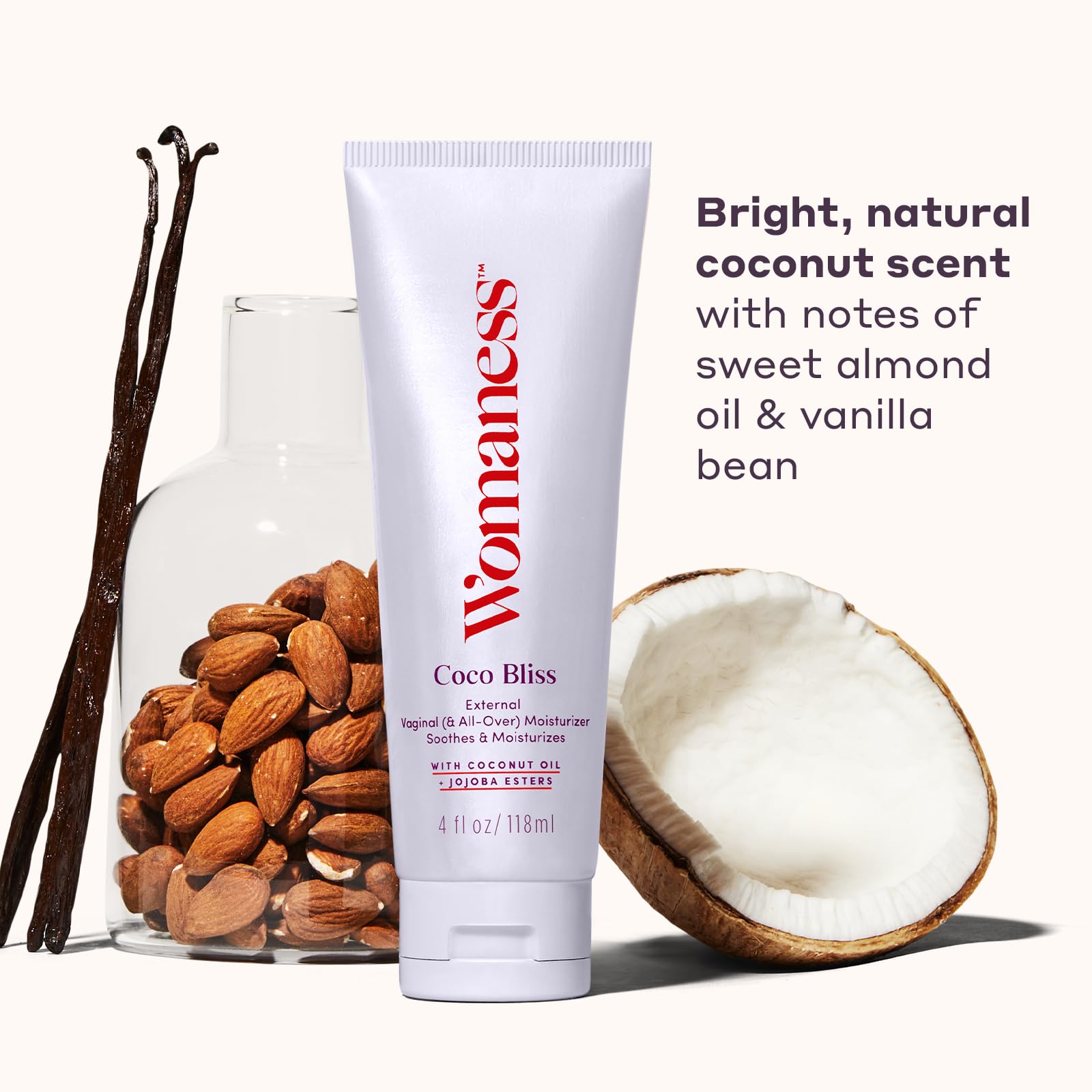Envase práctico de Womaness Coco Bliss con dosificador.