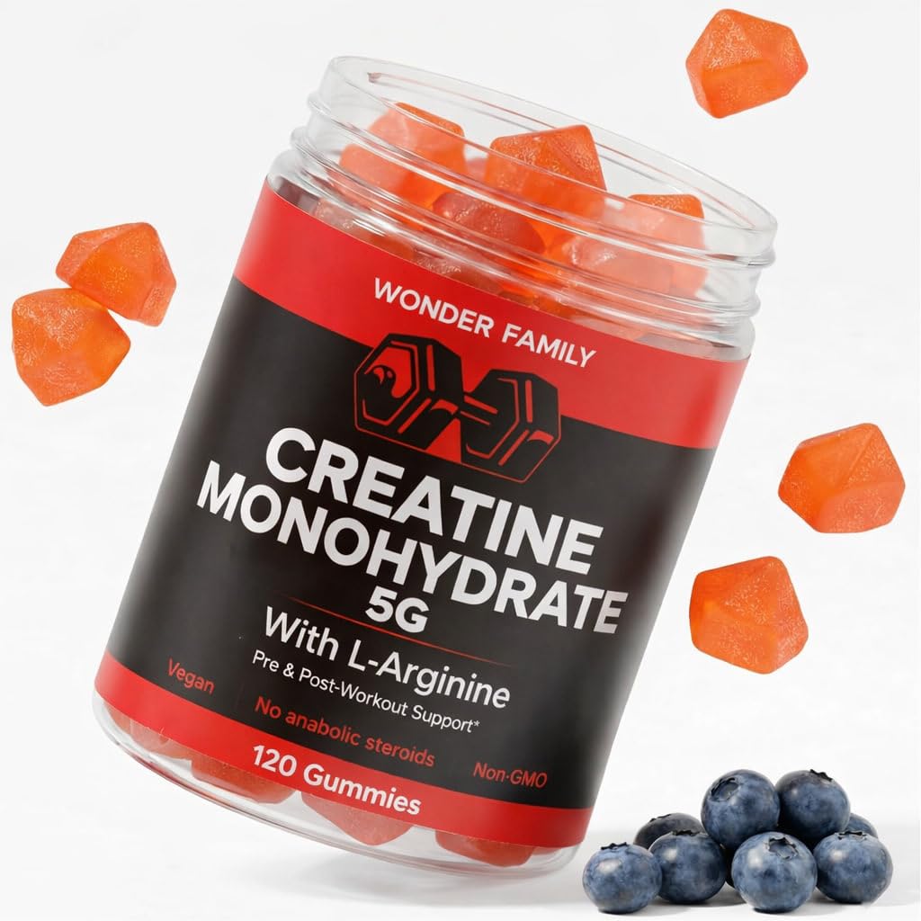 Wonder Family Creatina Monohidratada gomitas: envase de 120 unidades para entrenamientos.