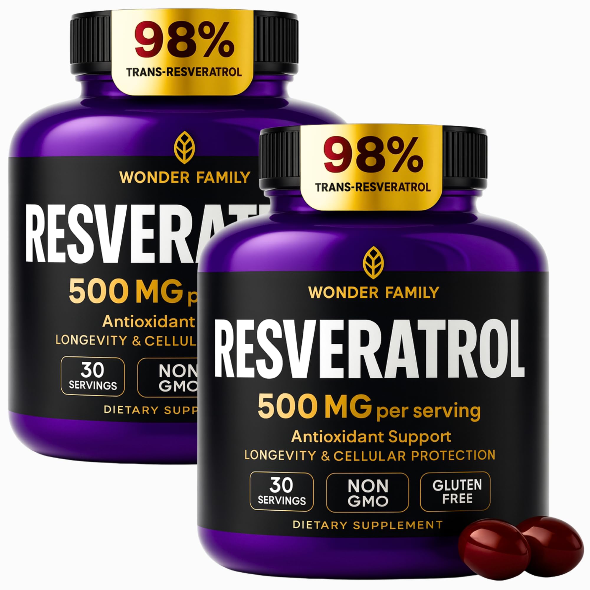 WONDER FAMILY Resveratrol 1000 mg, botella frontal, posible apoyo a la vitalidad diaria.