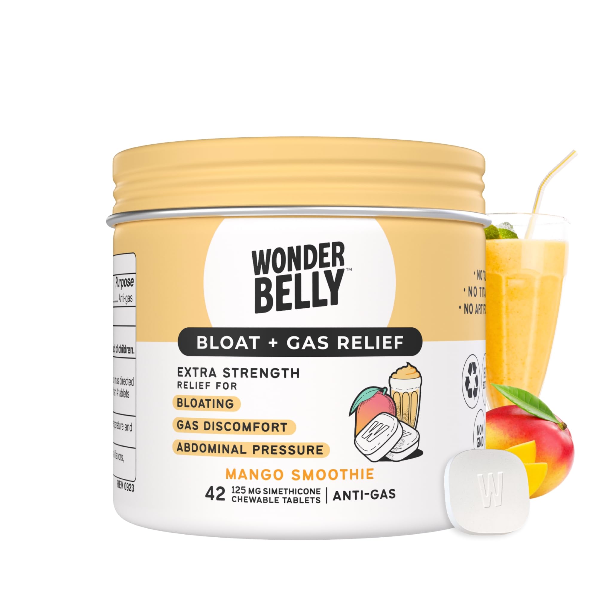 Wonderbelly tableta masticable sabor mango para aliviar gases y hinchazón ocasional.