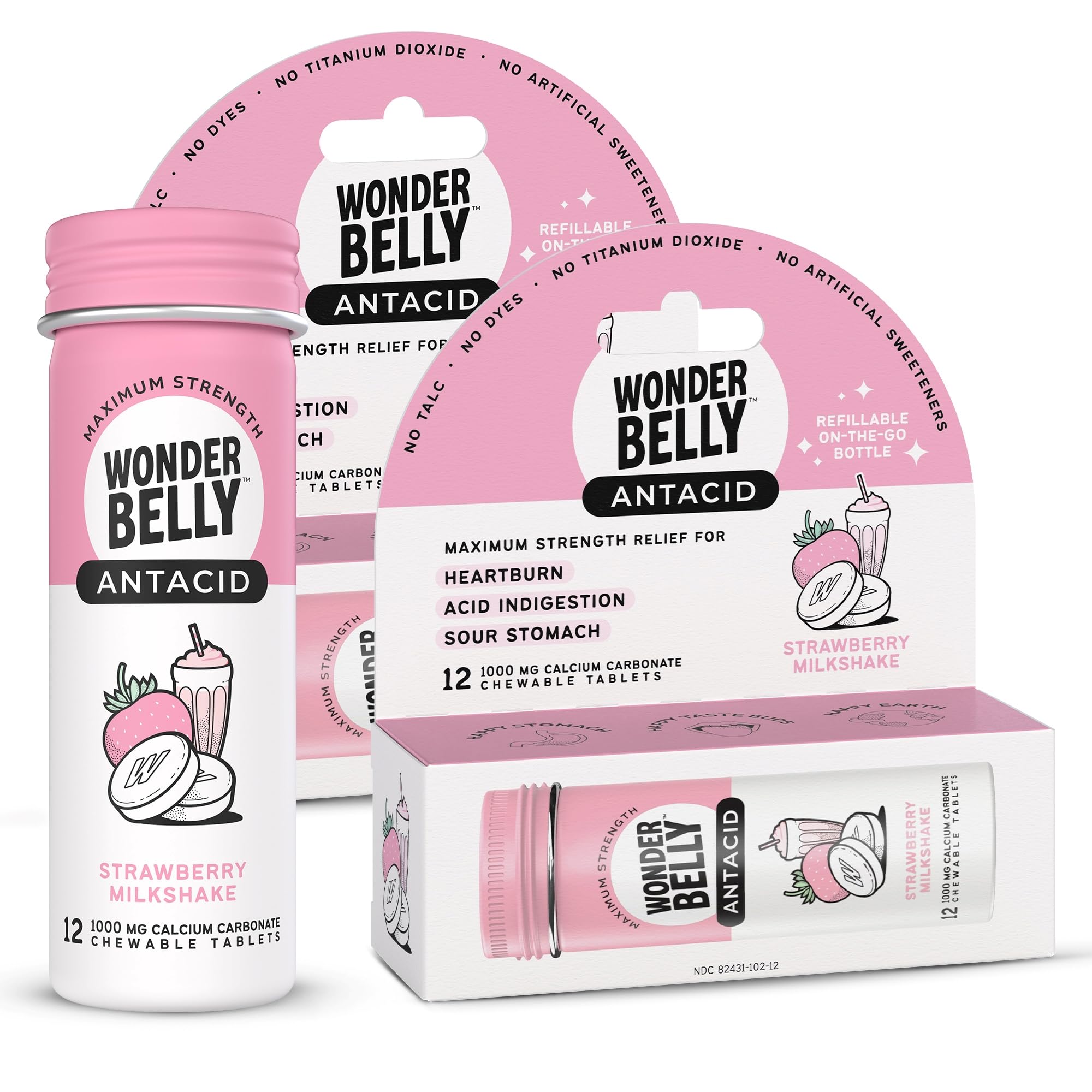 Wonderbelly antiácido pastillas masticables sabor fresa para alivio rápido.