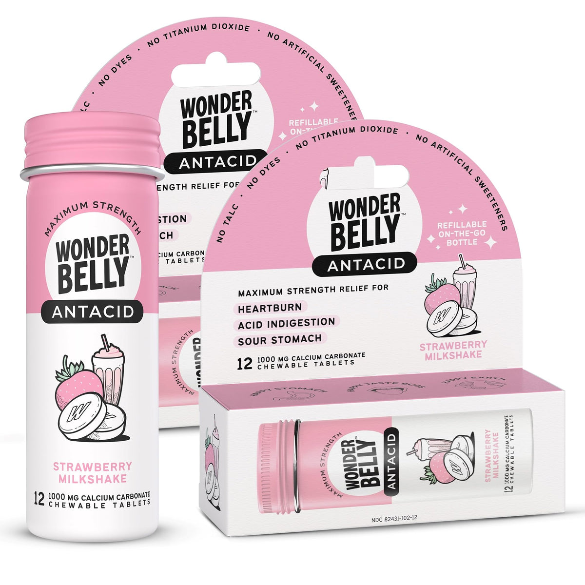Wonderbelly antiácido pastillas masticables sabor fresa para alivio rápido.