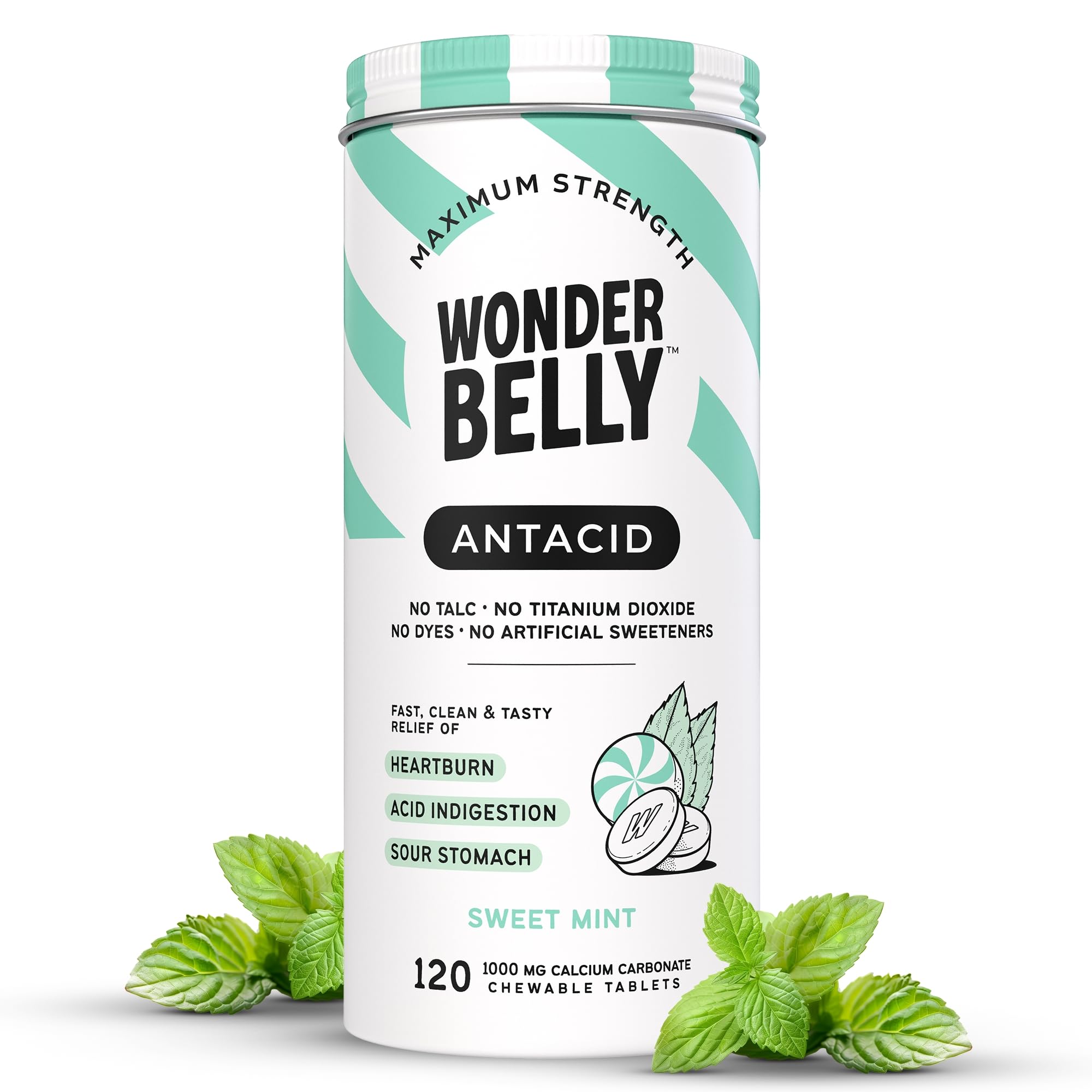 Wonderbelly antacido en bote de 120 tabletas para alivio rápido.