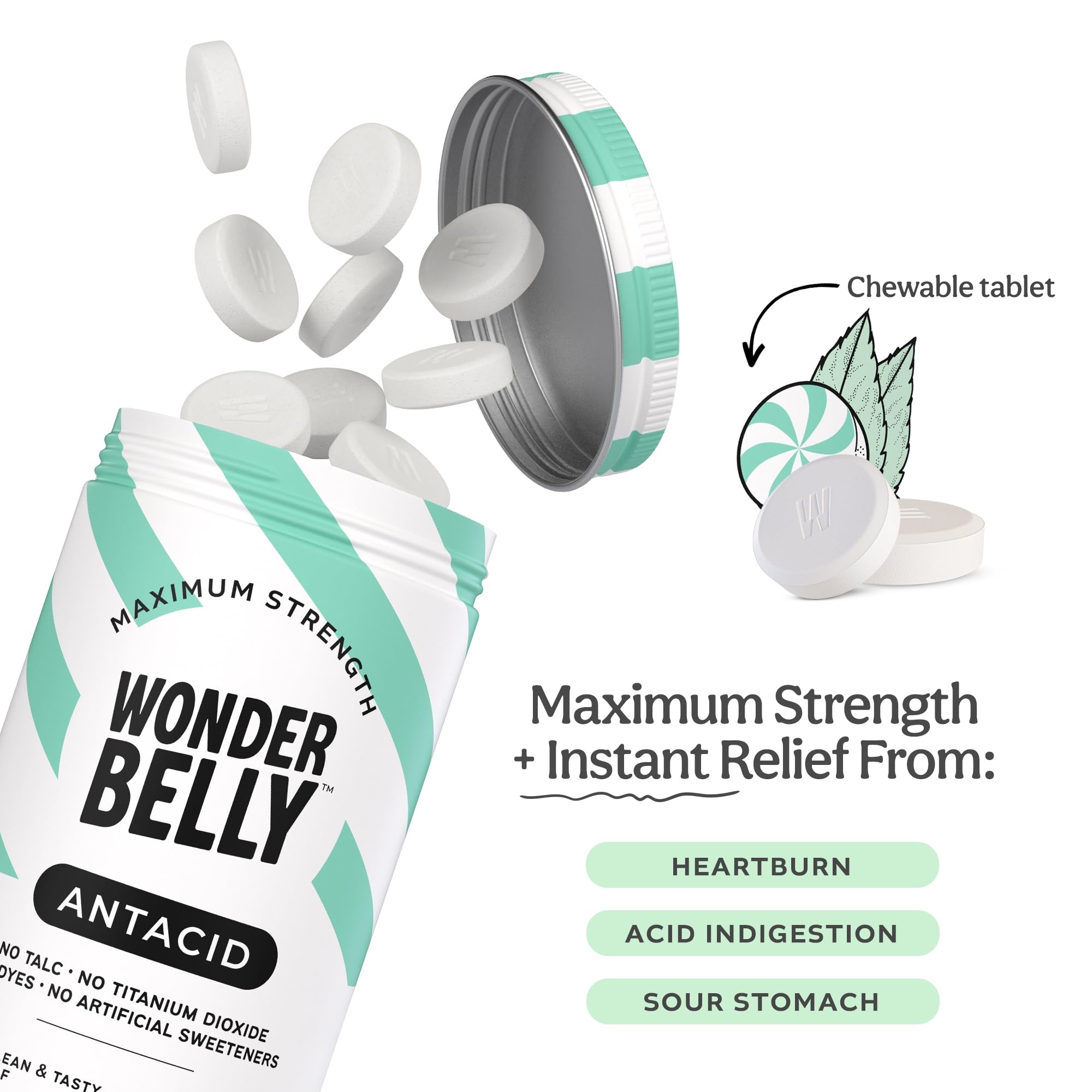 Tabletas masticables Wonderbelly con sabor menta dulce.