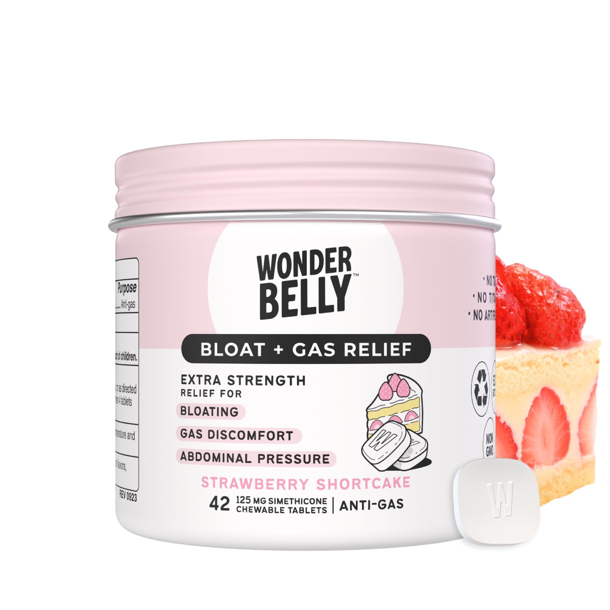 Wonderbelly: botella con etiqueta frontal que indica alivio de gases.