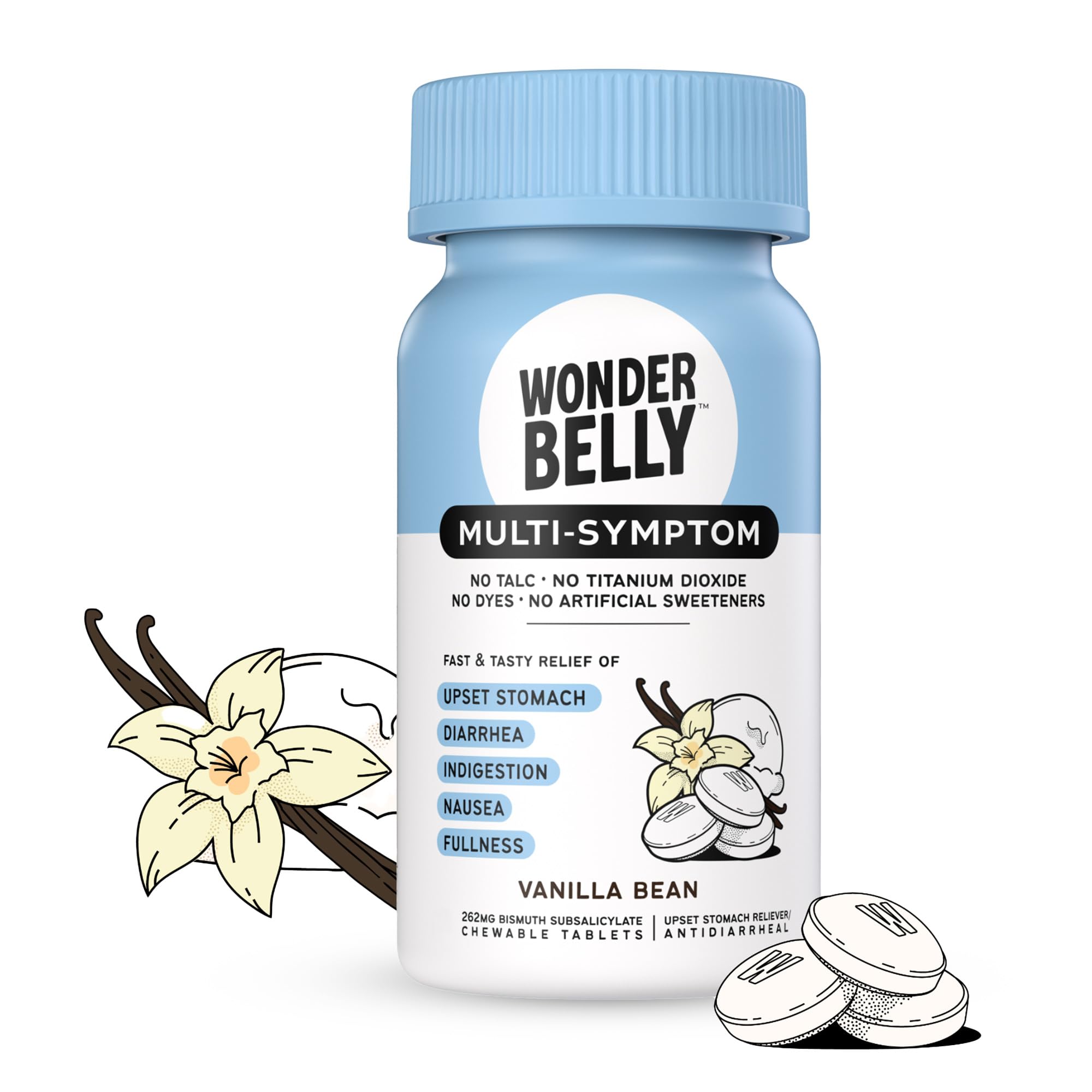 Wonderbelly tabletas masticables de vainilla para malestares estomacales.