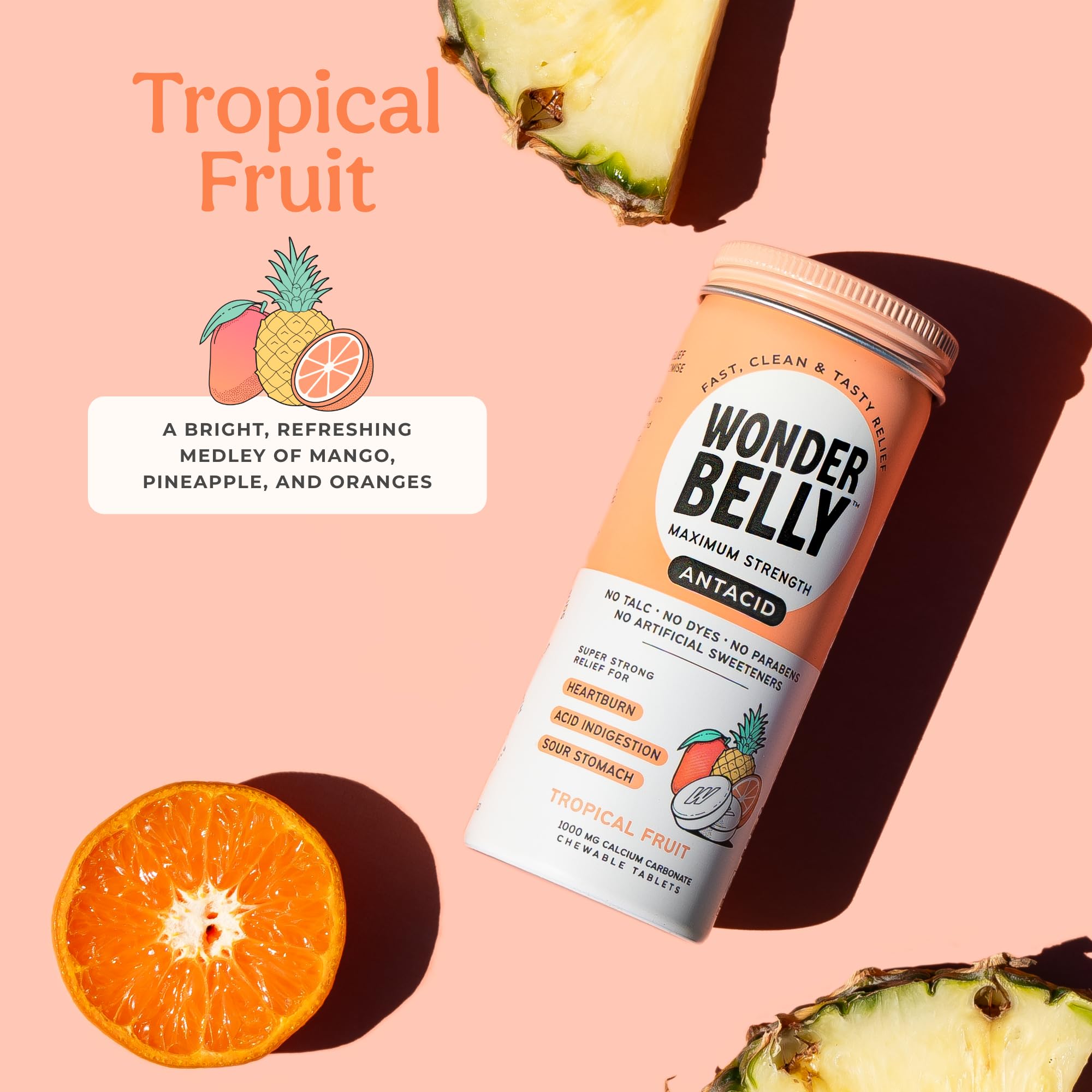 Tabletas Wonderbelly sabor fruta tropical para indigestión ocasional