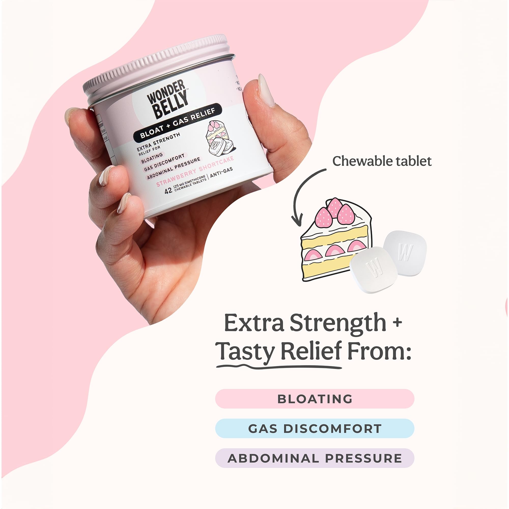 Wonderbelly: tabletas masticables sabor fresa para alivio rápido.