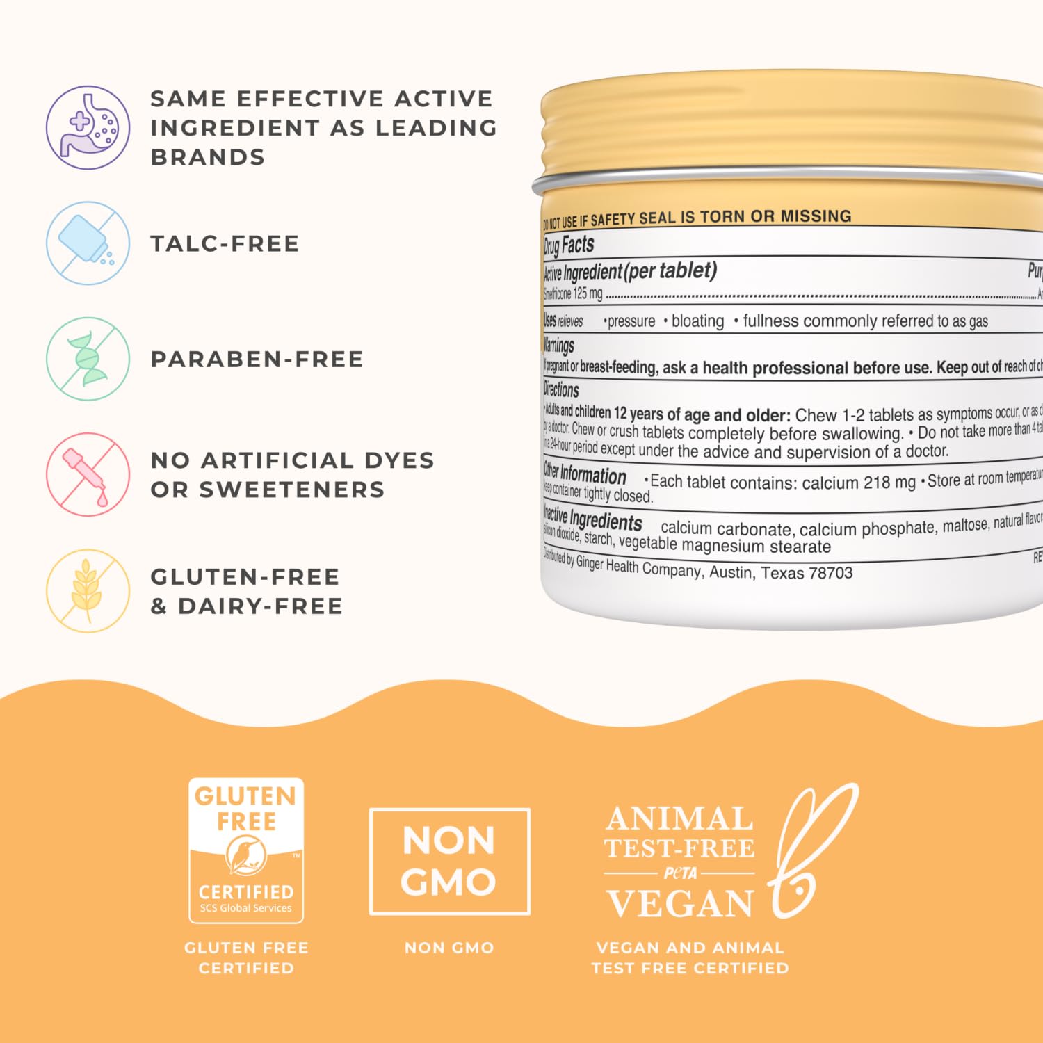 Wonderbelly tabletas con sabor mango y simeticona, 125 mg por dosis.