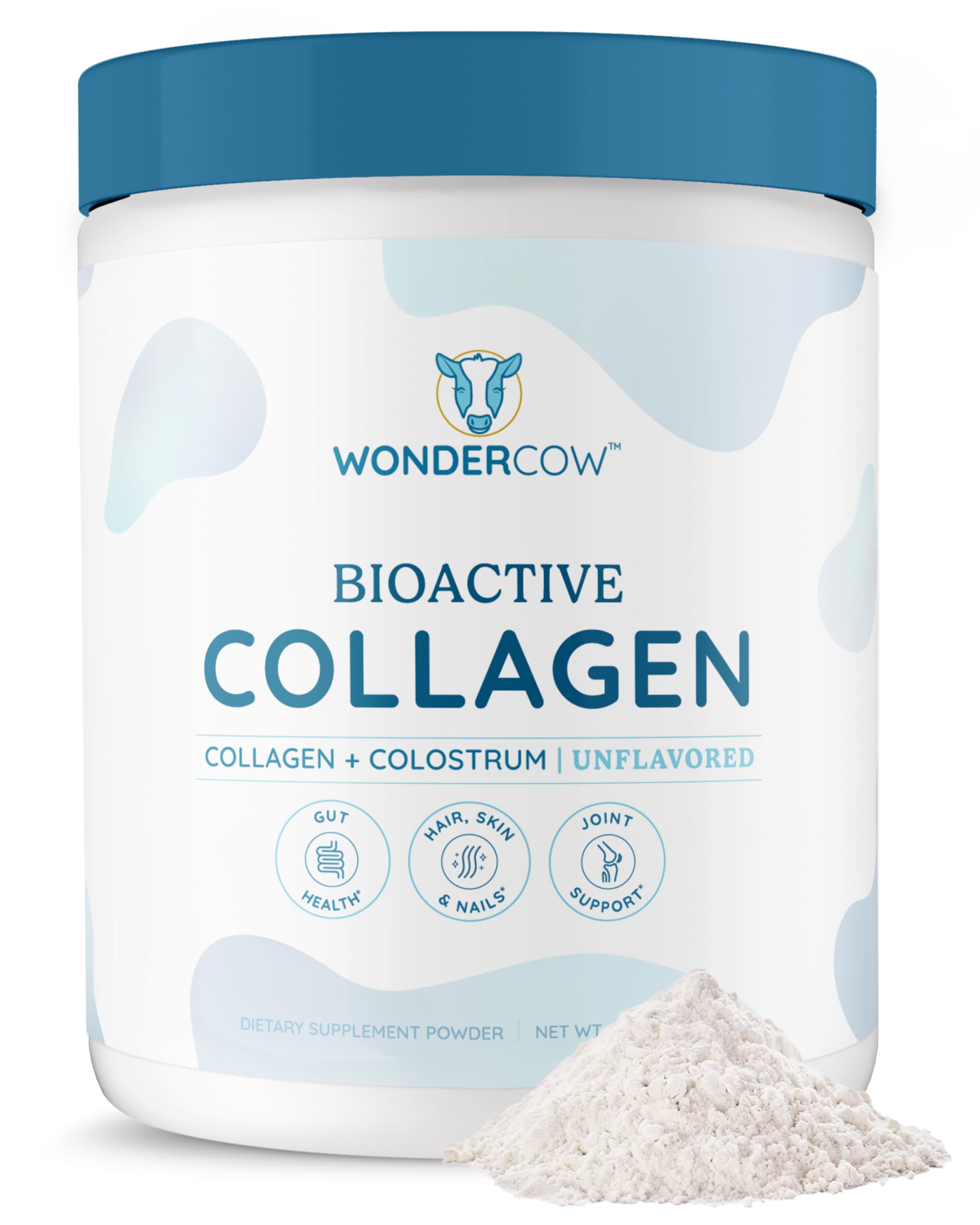 WonderCow botella con polvo de colágeno bovino y colostro para cuidado de la piel