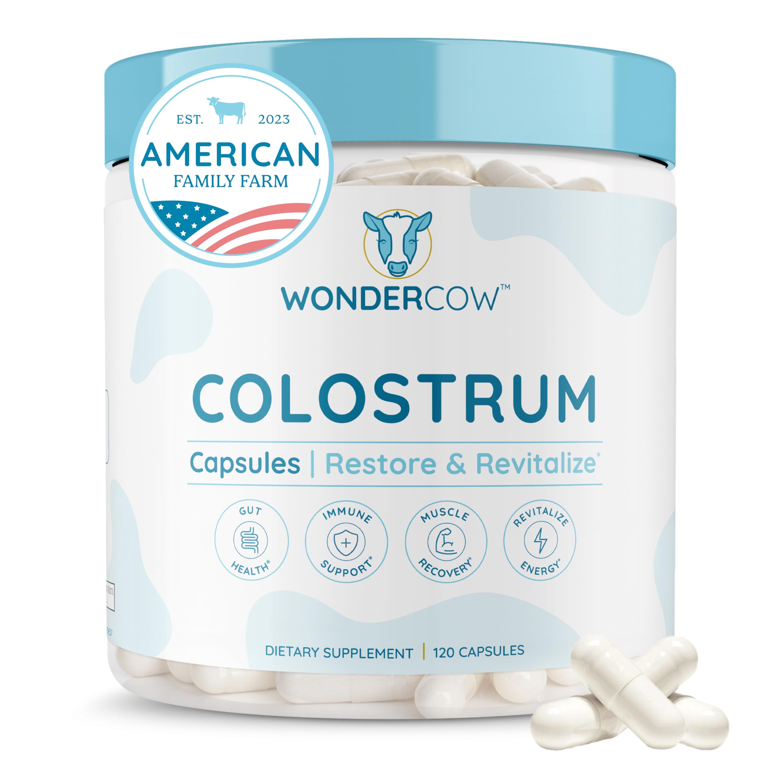WonderCOW Colostro cápsulas para apoyo de la salud intestinal.
