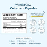 Etiqueta de WonderCOW Colostro muestra ingredientes y beneficios posibles.