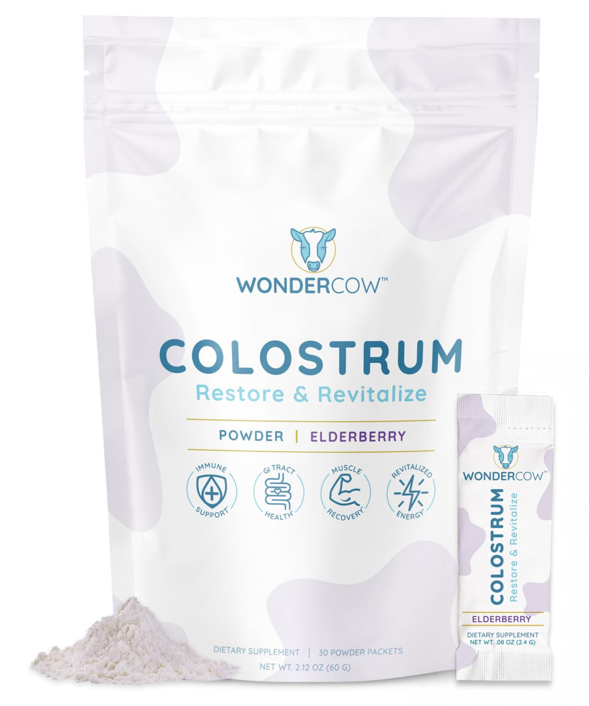 WonderCow Colostro polvo para salud intestinal y equilibrio digestivo.