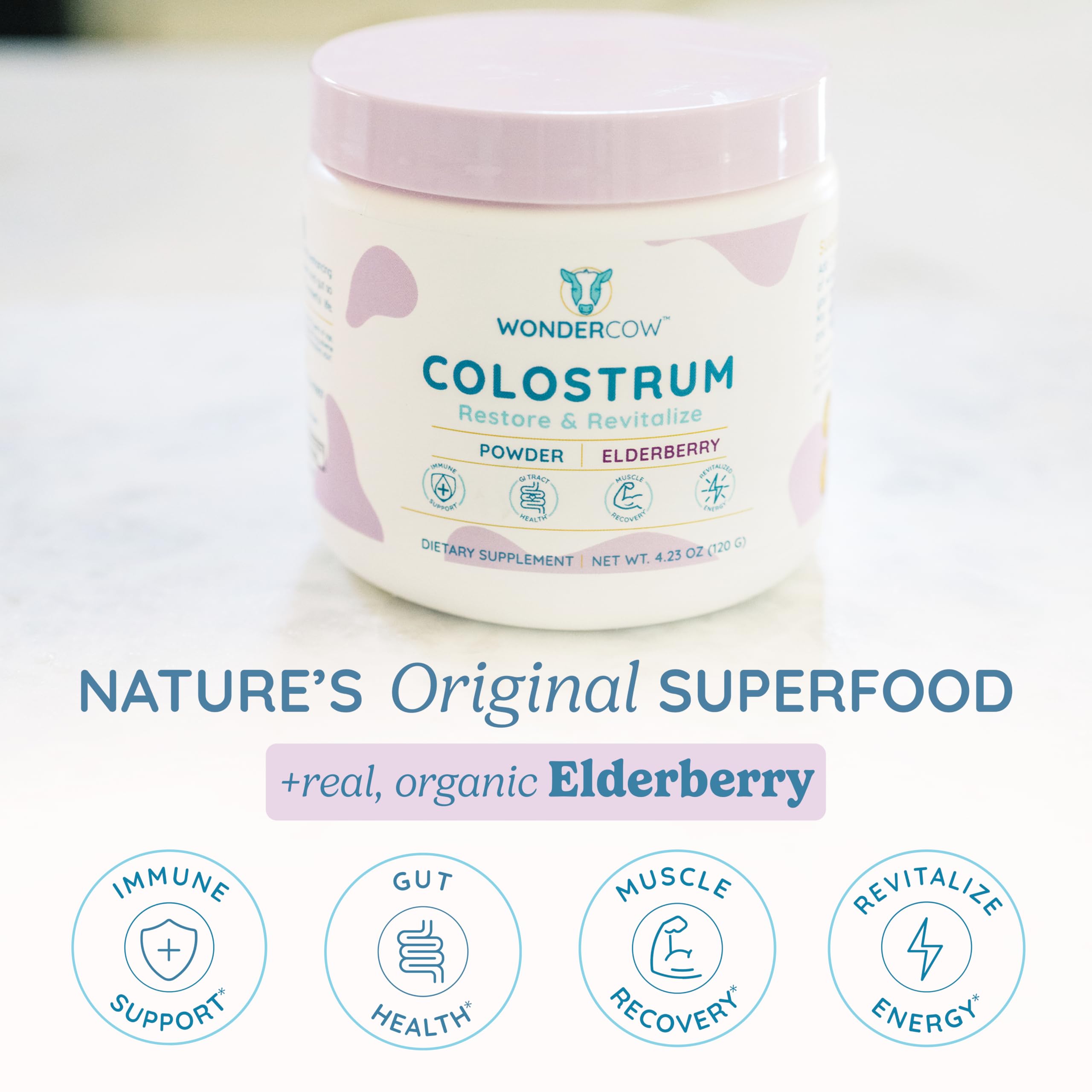WONDERCOW Colostro polvo de saúco en batidos, con posible apoyo al sistema inmunitario.