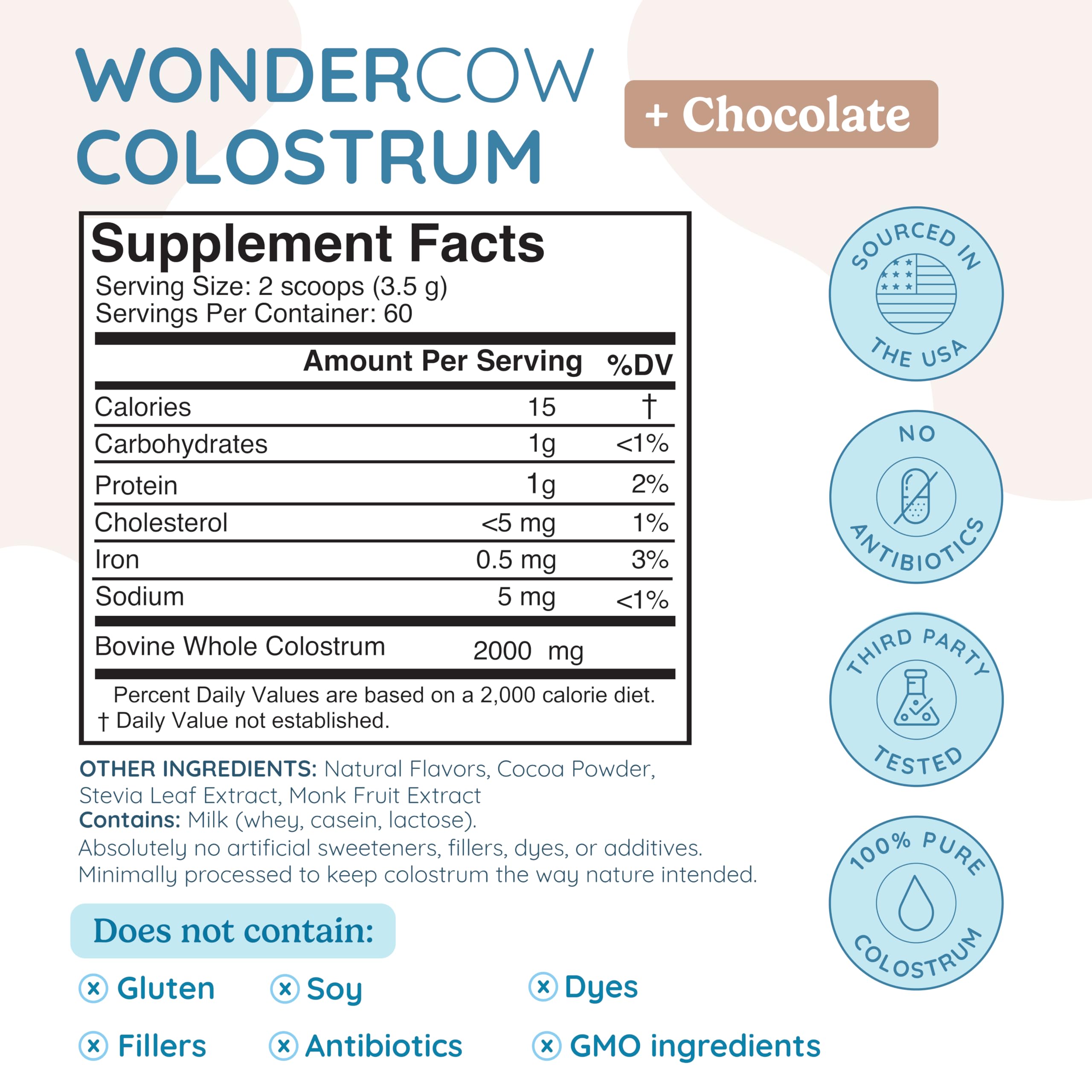 Polvo de colostro WonderCow con cacao para sabor suave y apoyo inmunitario.