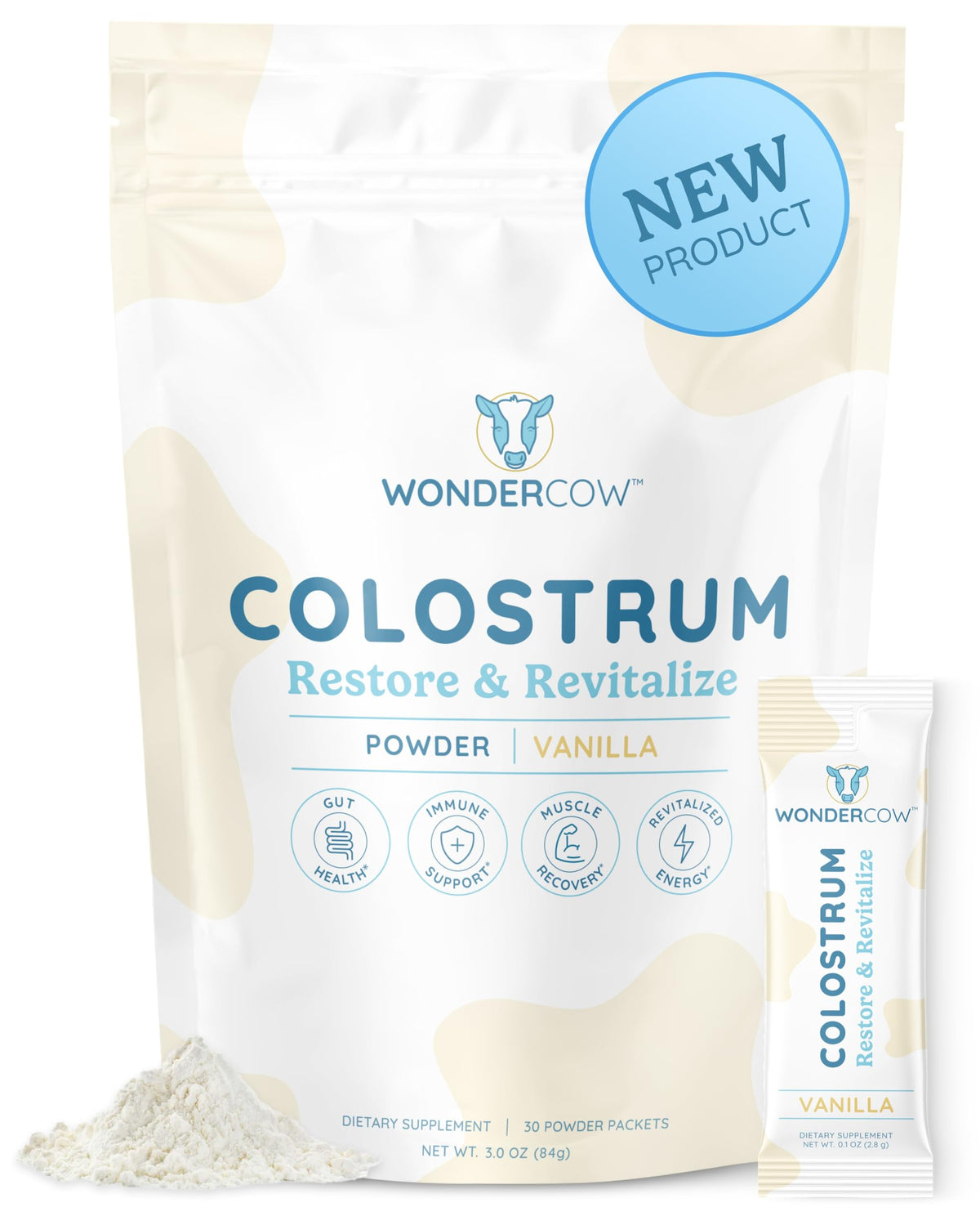 WONDERCOW colostrum polvo vainilla en bote para apoyo inmunitario y digestivo