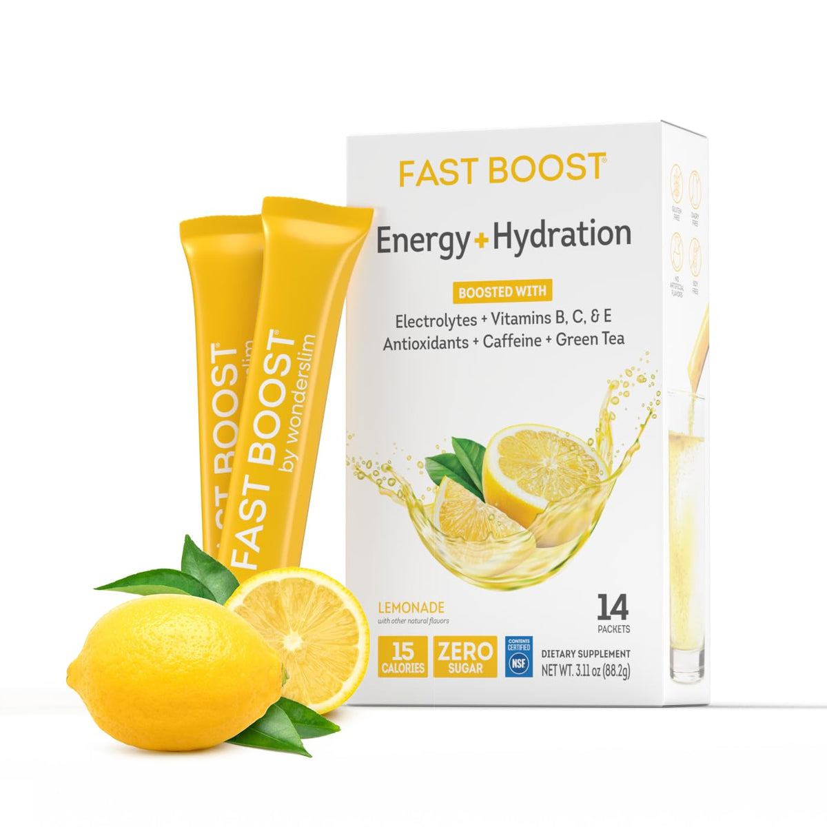 WonderSlim FAST BOOST Lemonade: sobre individual para hidratación rápida sin azúcar.