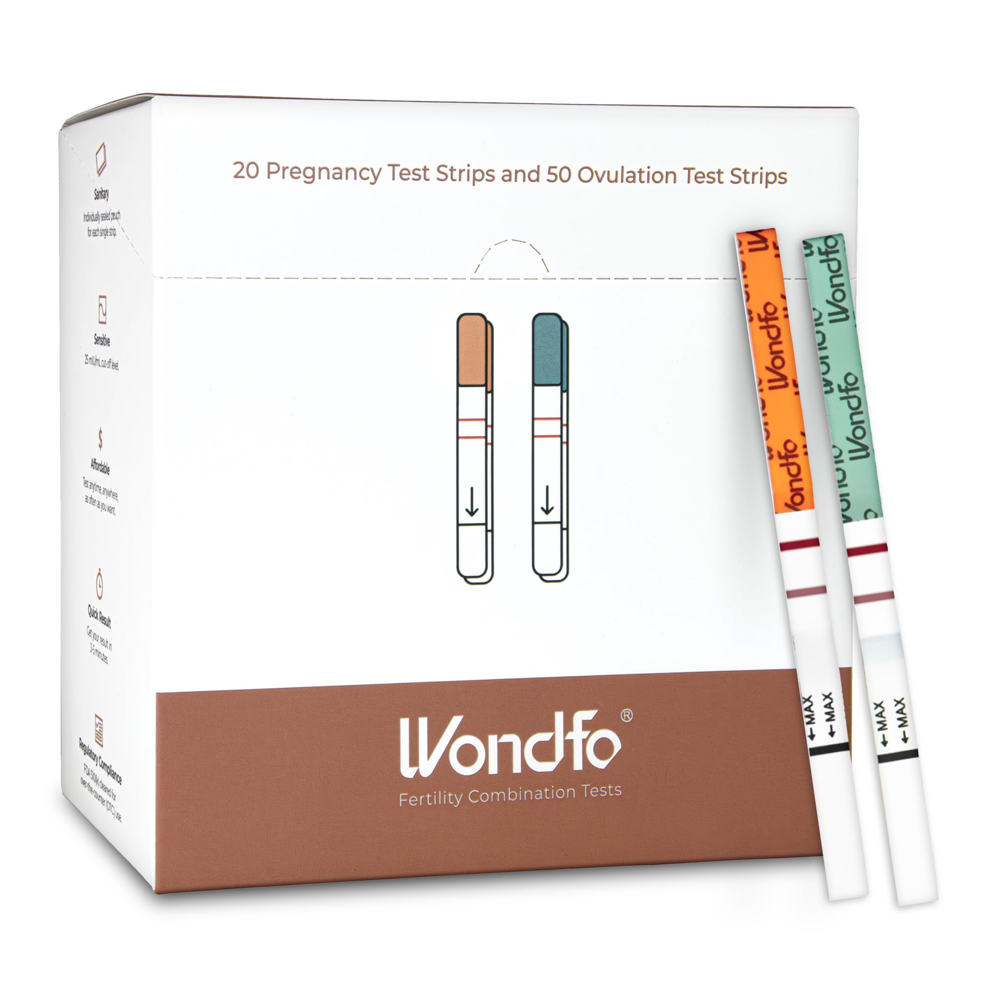 Kit Wondfo con 50 tiras de ovulación y 20 de embarazo para uso en casa.
