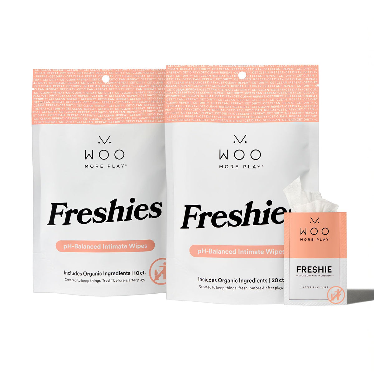 Woo More Play Freshies toallitas íntimas con coco y aloe para sensación suave y fresca.
