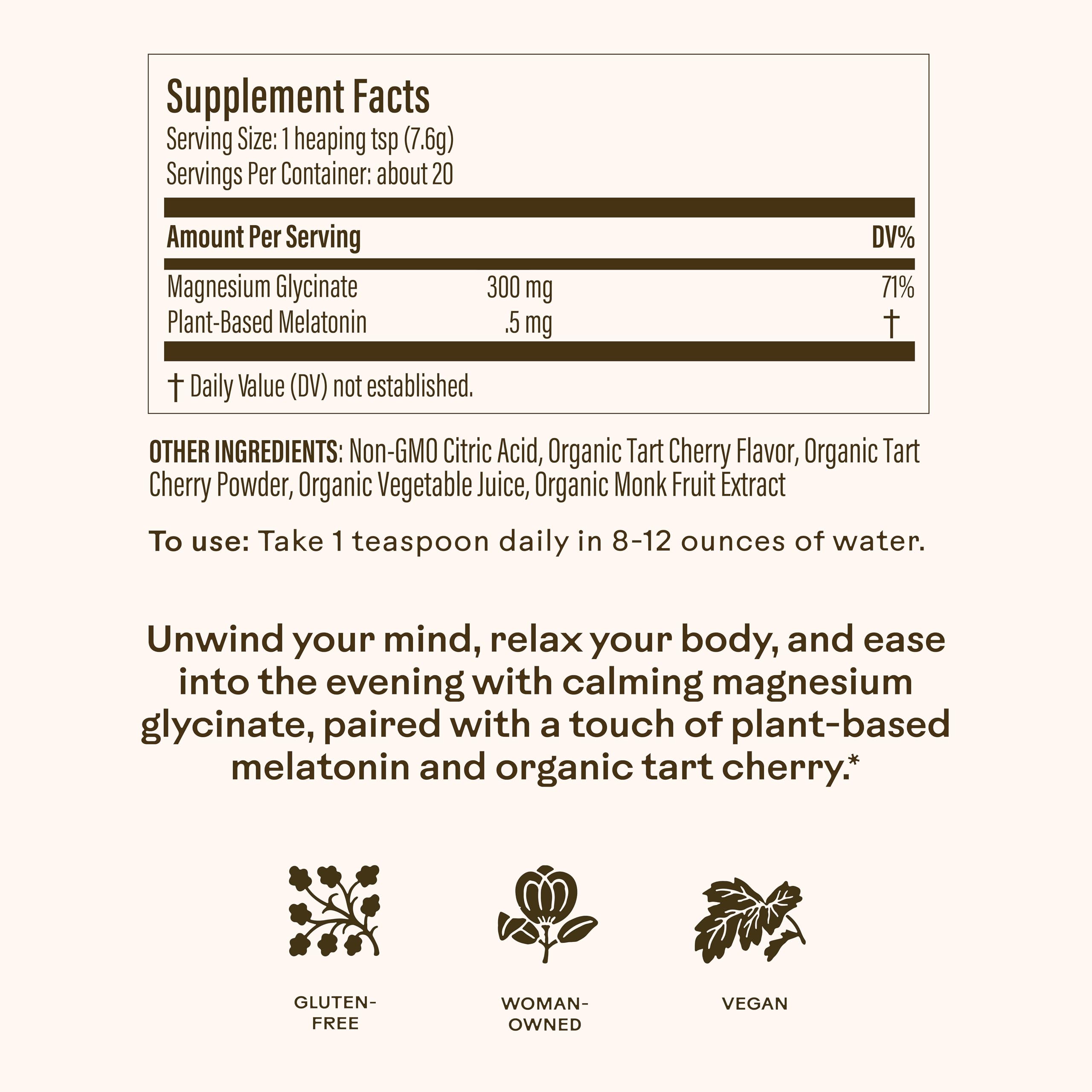Wooden Spoon Herbs ofrece 300 mg de magnesio glicinato por porción para apoyar la relajación nocturna.