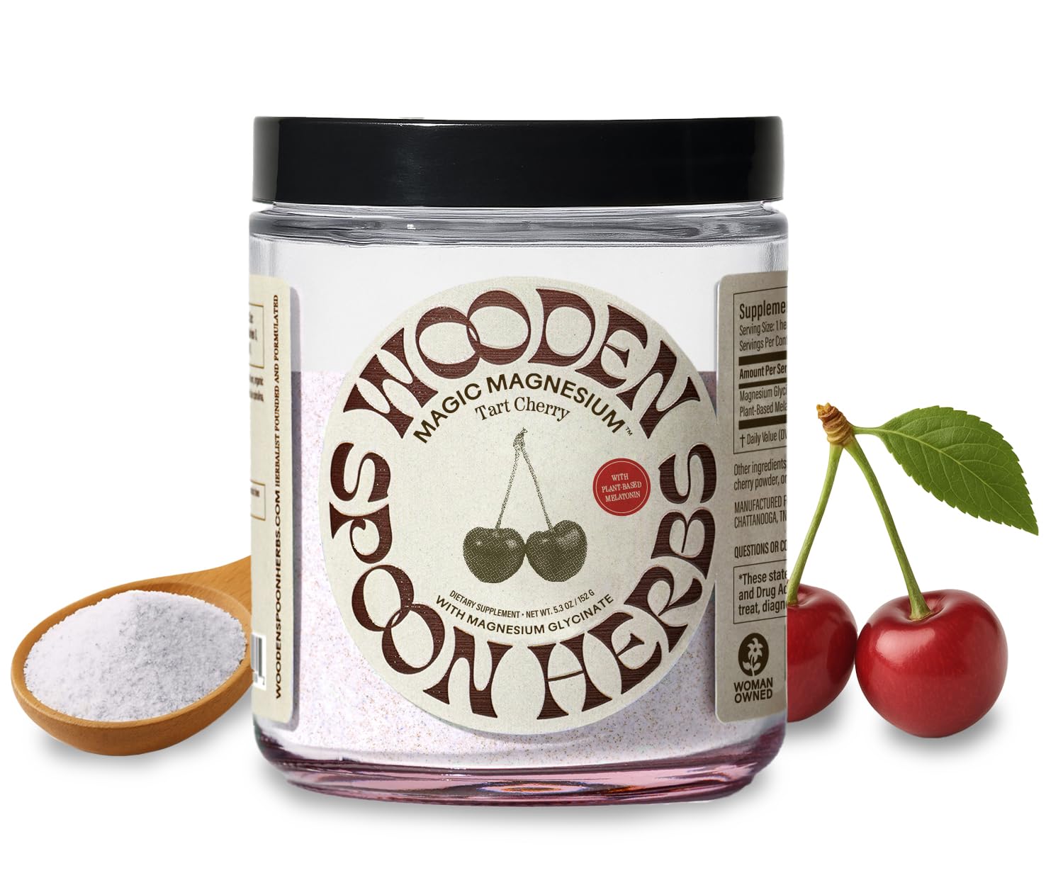 Wooden Spoon Herbs Magnesio Glicinato en polvo para beber con sabor a cereza agria, ideal para ritual nocturno.