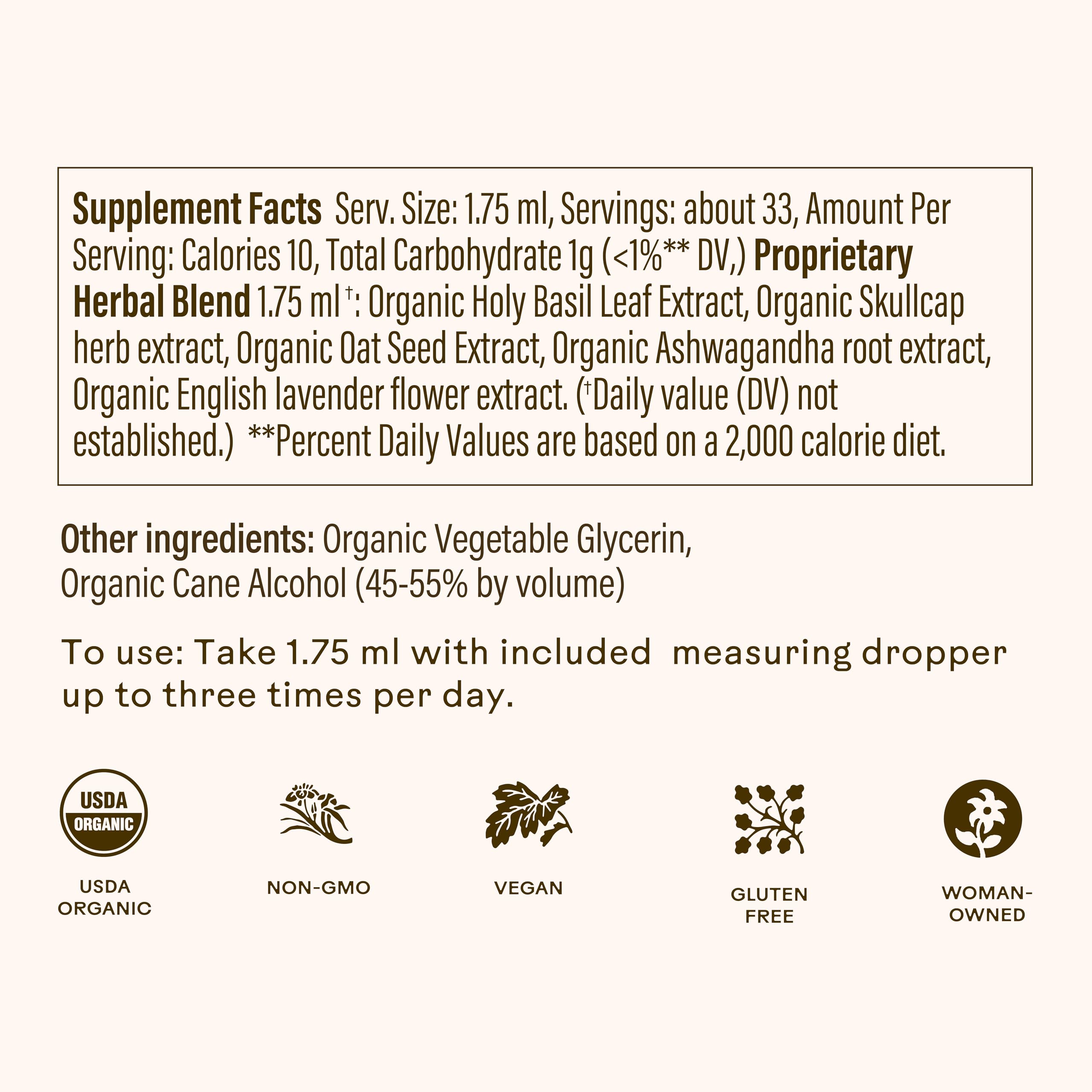 Wooden Spoon Herbs Tranquility Tonic, etiqueta visible con información orgánica