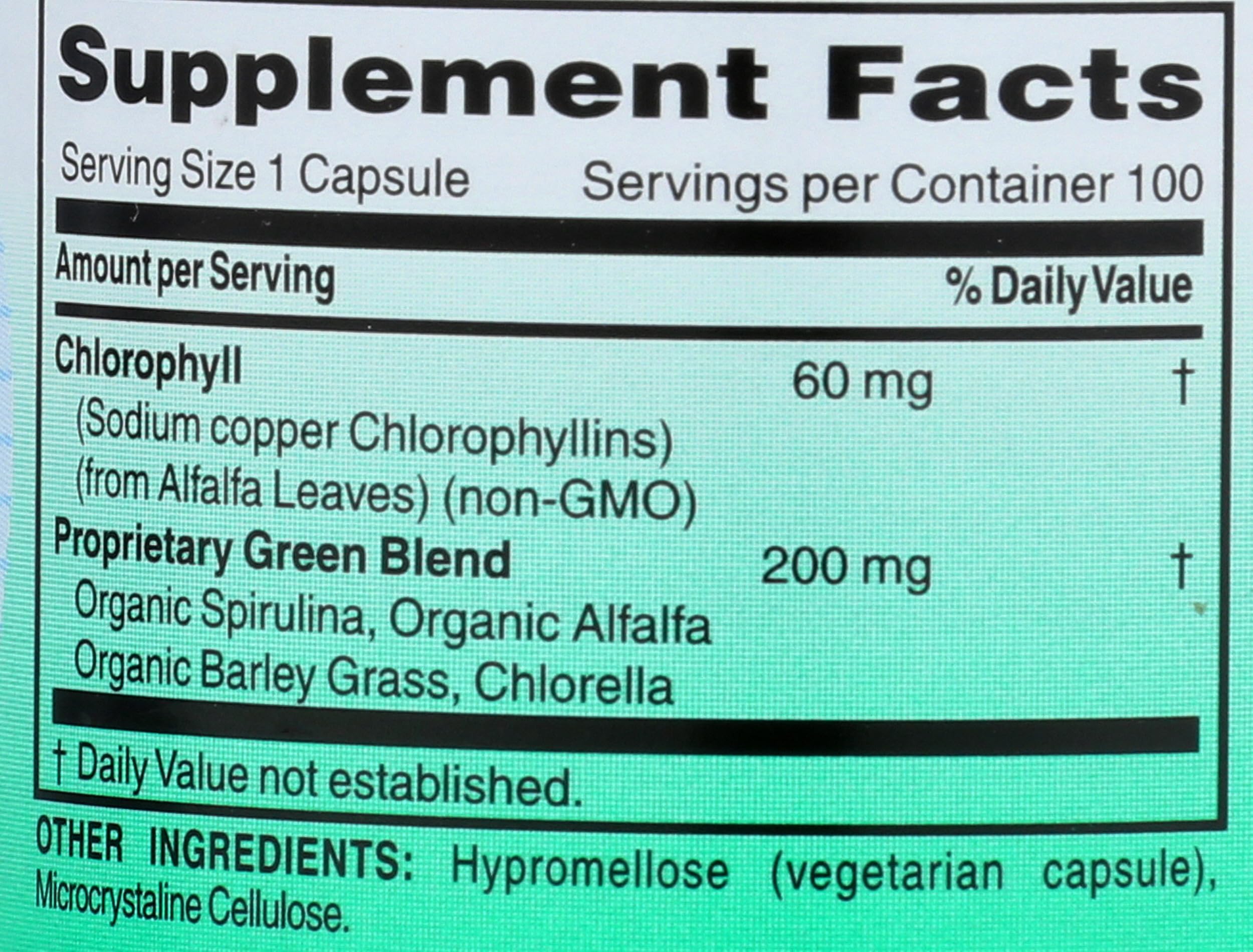 Porciones de World Organic Clorofila 100 mg cápsulas para tomar