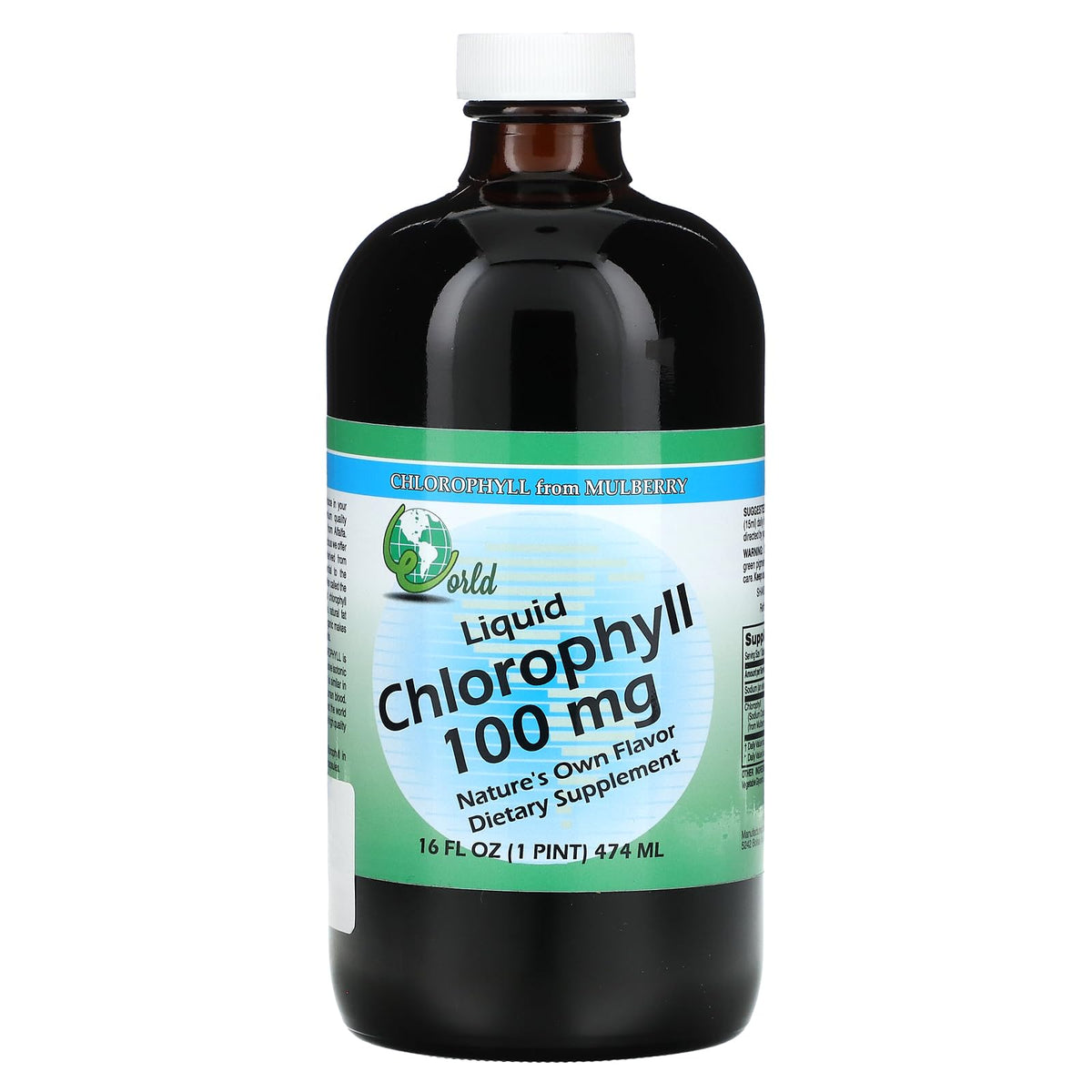 World Organic clorofila líquida de morera en botella, fuente natural para la rutina diaria.
