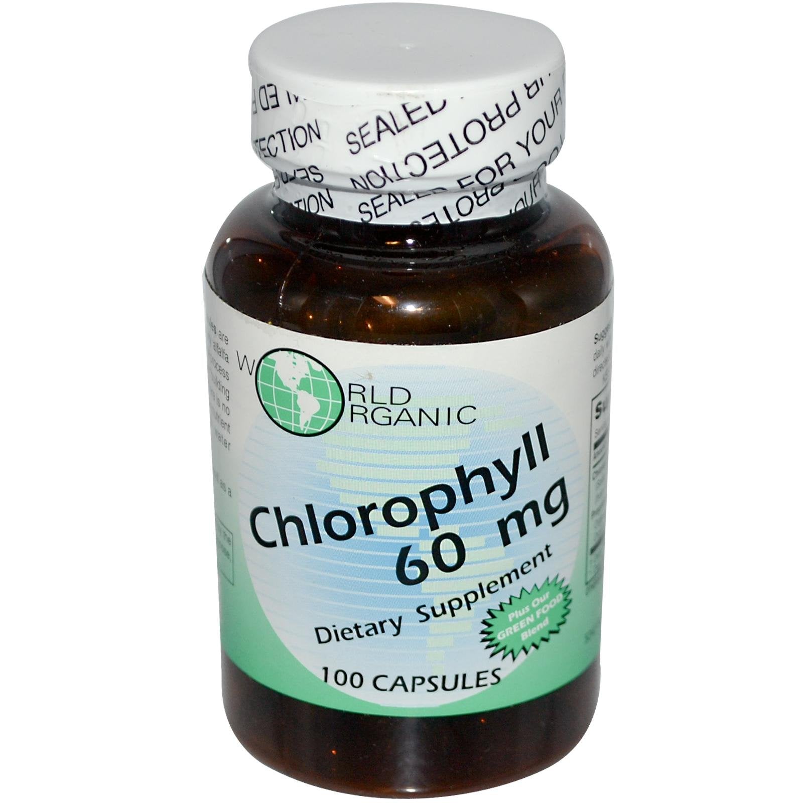 World Organic Mega Clorofila en cápsulas para reducir el mal aliento y apoyar la piel.