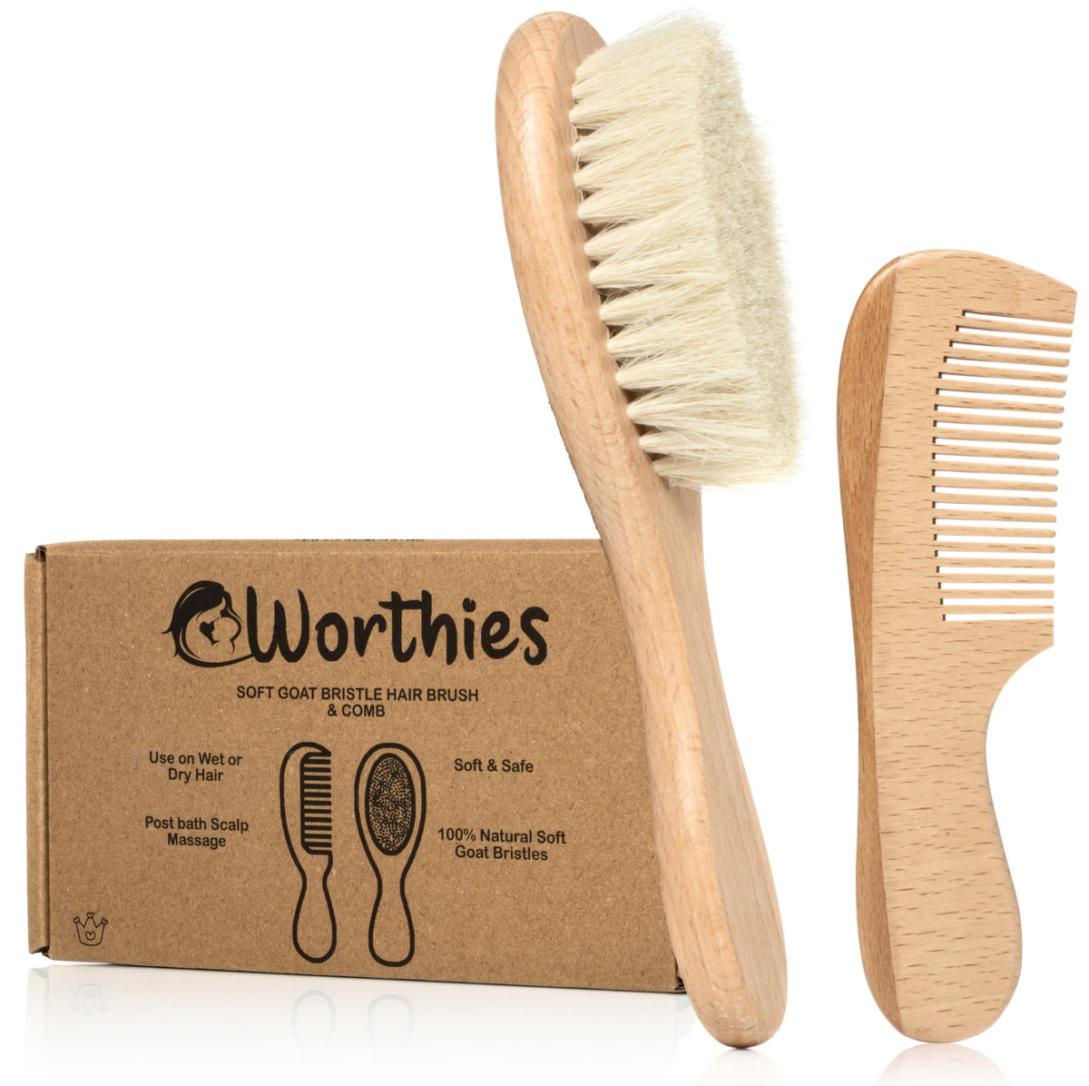 Worthies cepillo para bebé de madera con cerdas de cabra suaves, cuidado suave del cuero cabelludo.