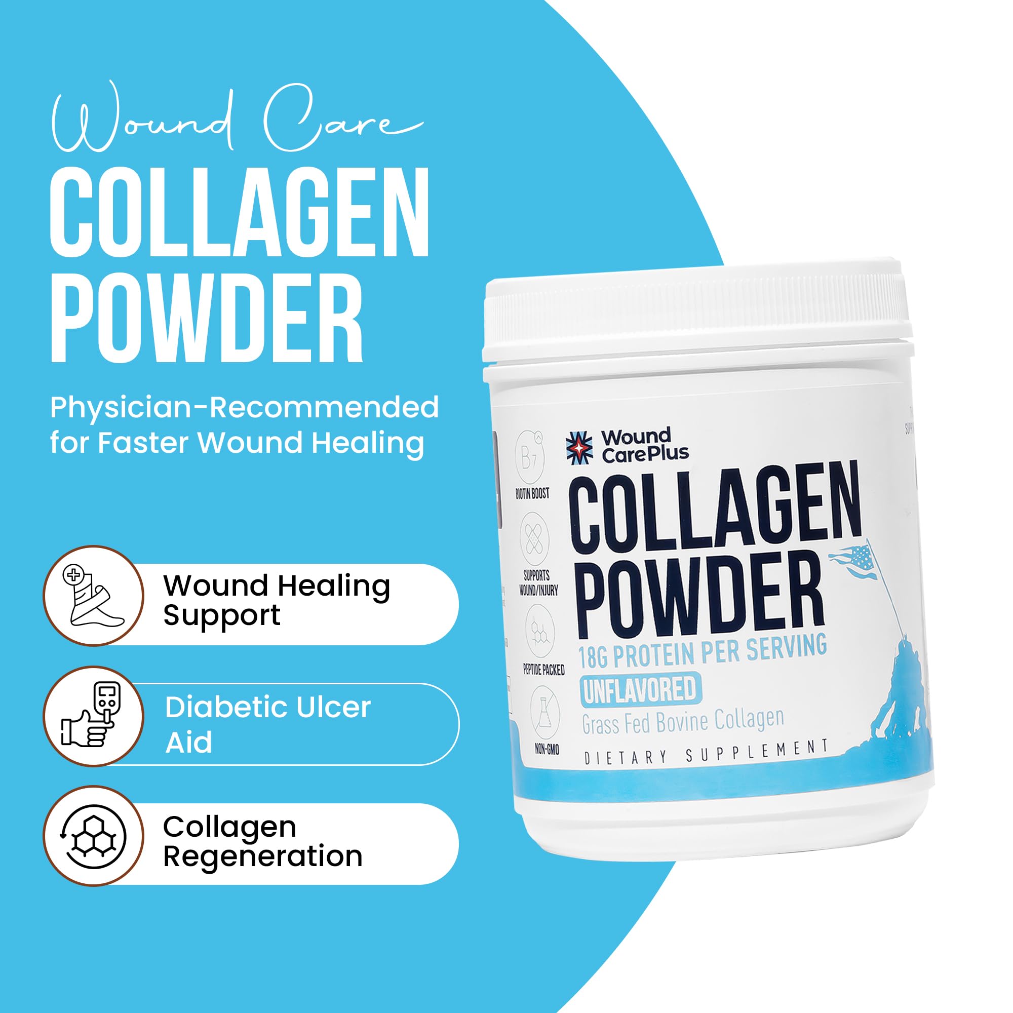 Wound Care Plus etiqueta, colágeno hidrolizado, ayuda a mantener cabello y uñas saludables.