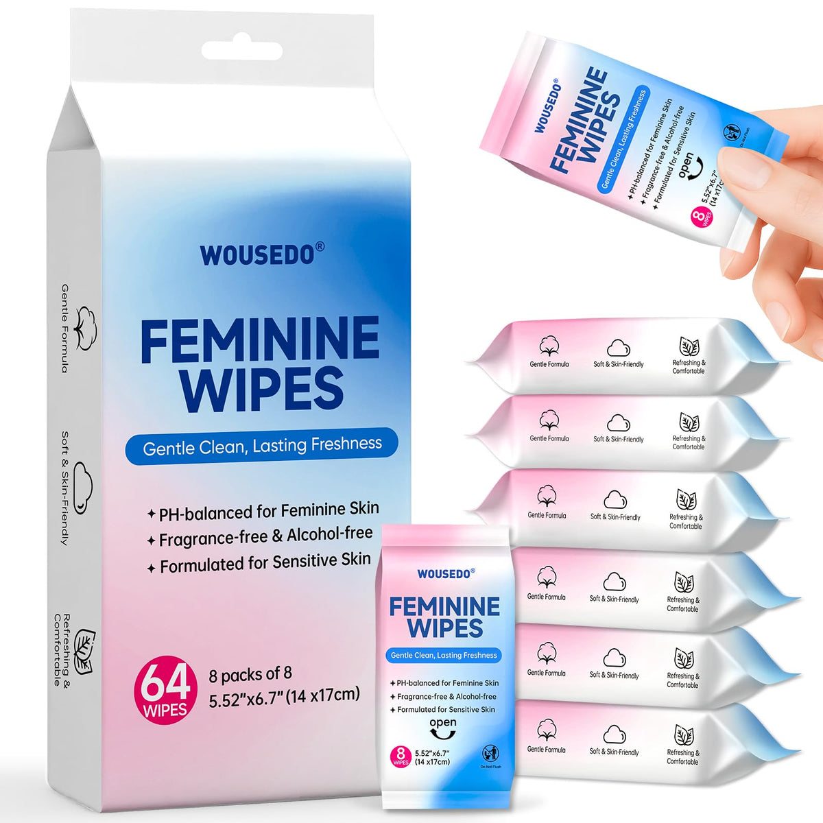 Toallitas femeninas WOUSEDO en formato mini portátil para limpieza rápida y discreta.