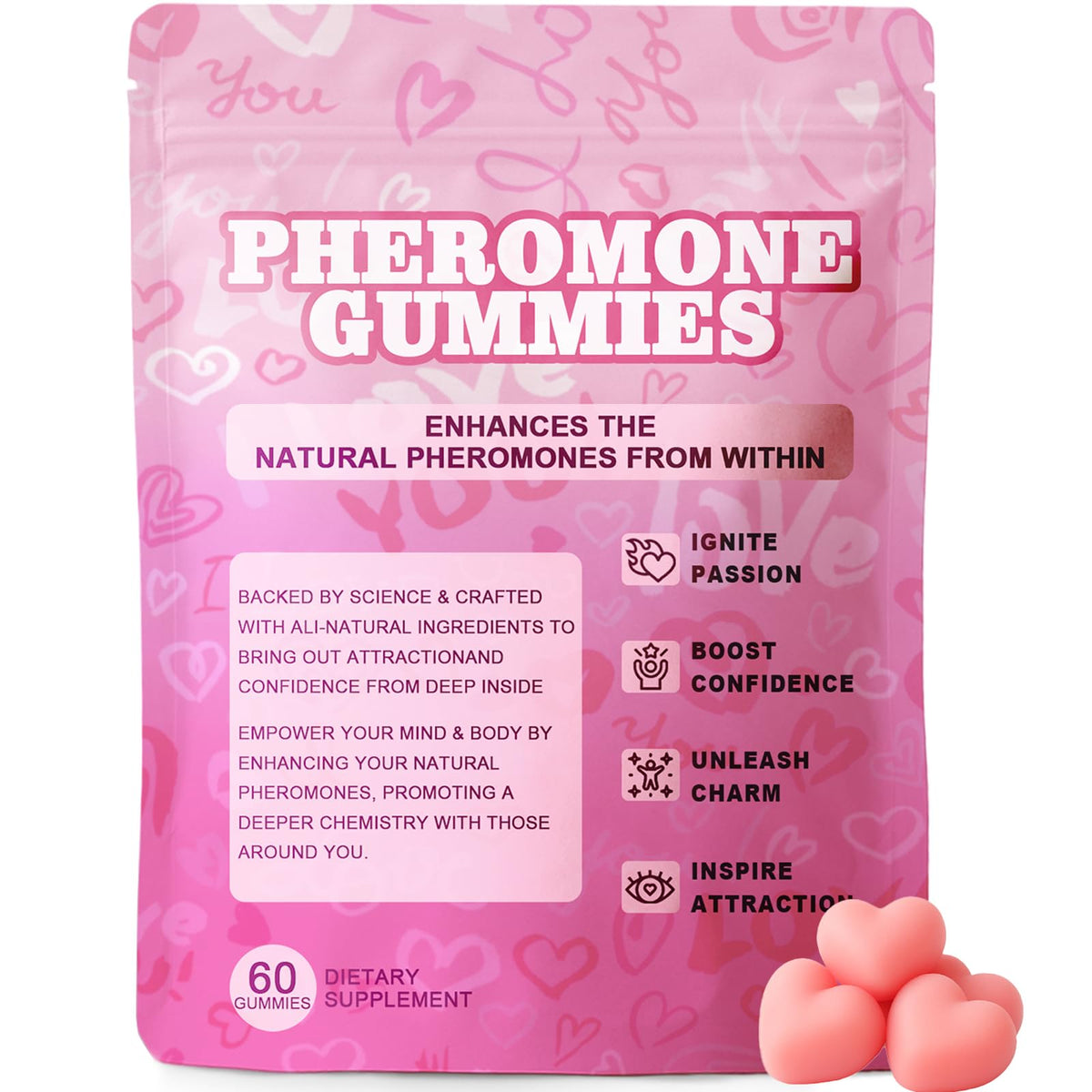 Gomitas feromonales de WOVOEO en frasco; apoyo al equilibrio hormonal diario.