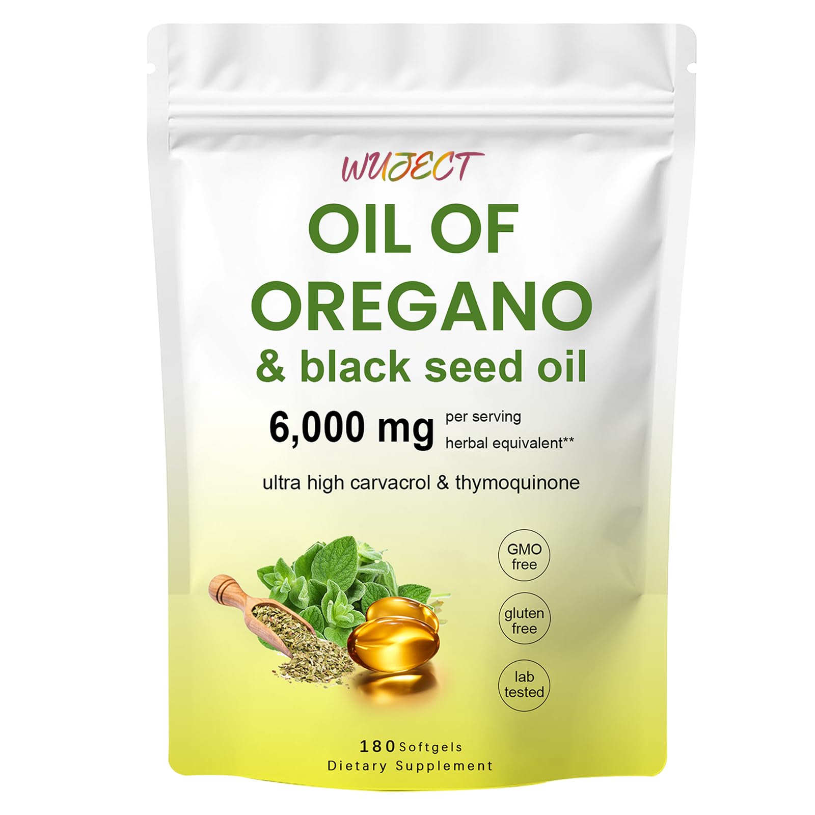 Wuject Aceite de Orégano en cápsulas frente a la botella, uso diario recomendado.