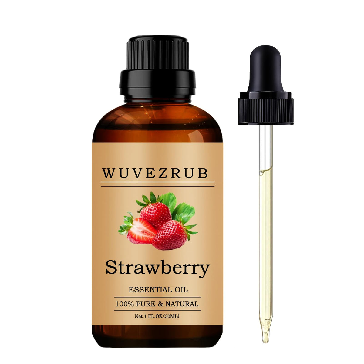 Wuvezrub aceite esencial fresa, botella visible, aroma natural para ambientar espacios