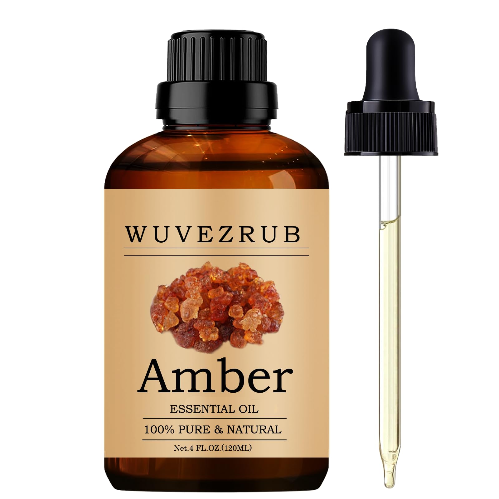 Aceite esencial Wuvezrub Amber en botella, listo para volcar y usar en difusor