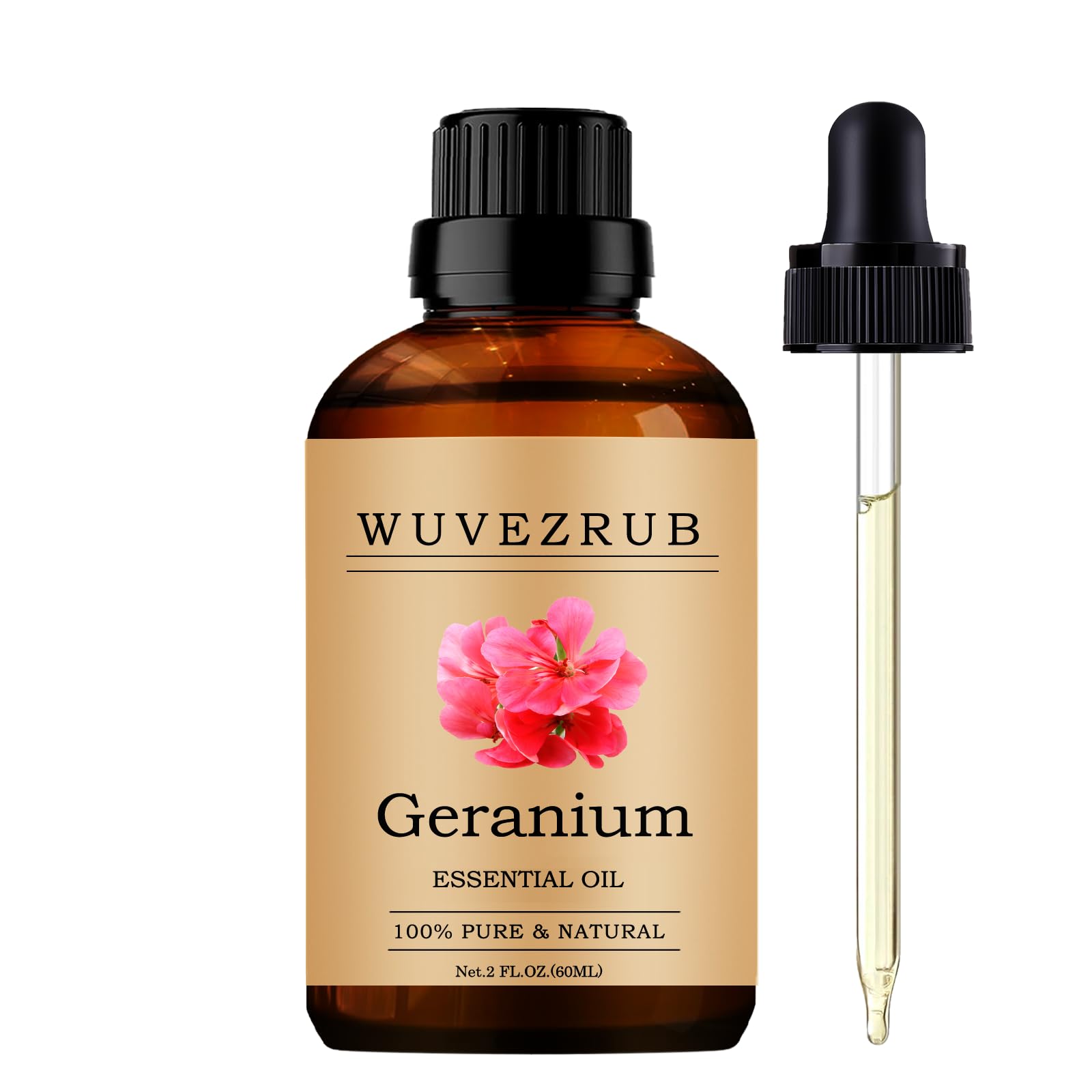 Wuvezrub Geranio: botella de aceite esencial de geranio de 60 ml, ideal para difusor aromático.