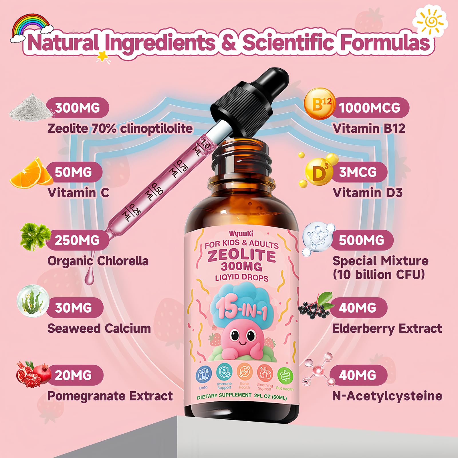 WyuuKi gotas de zeolita detox para adultos: apoyo diario y bienestar general.