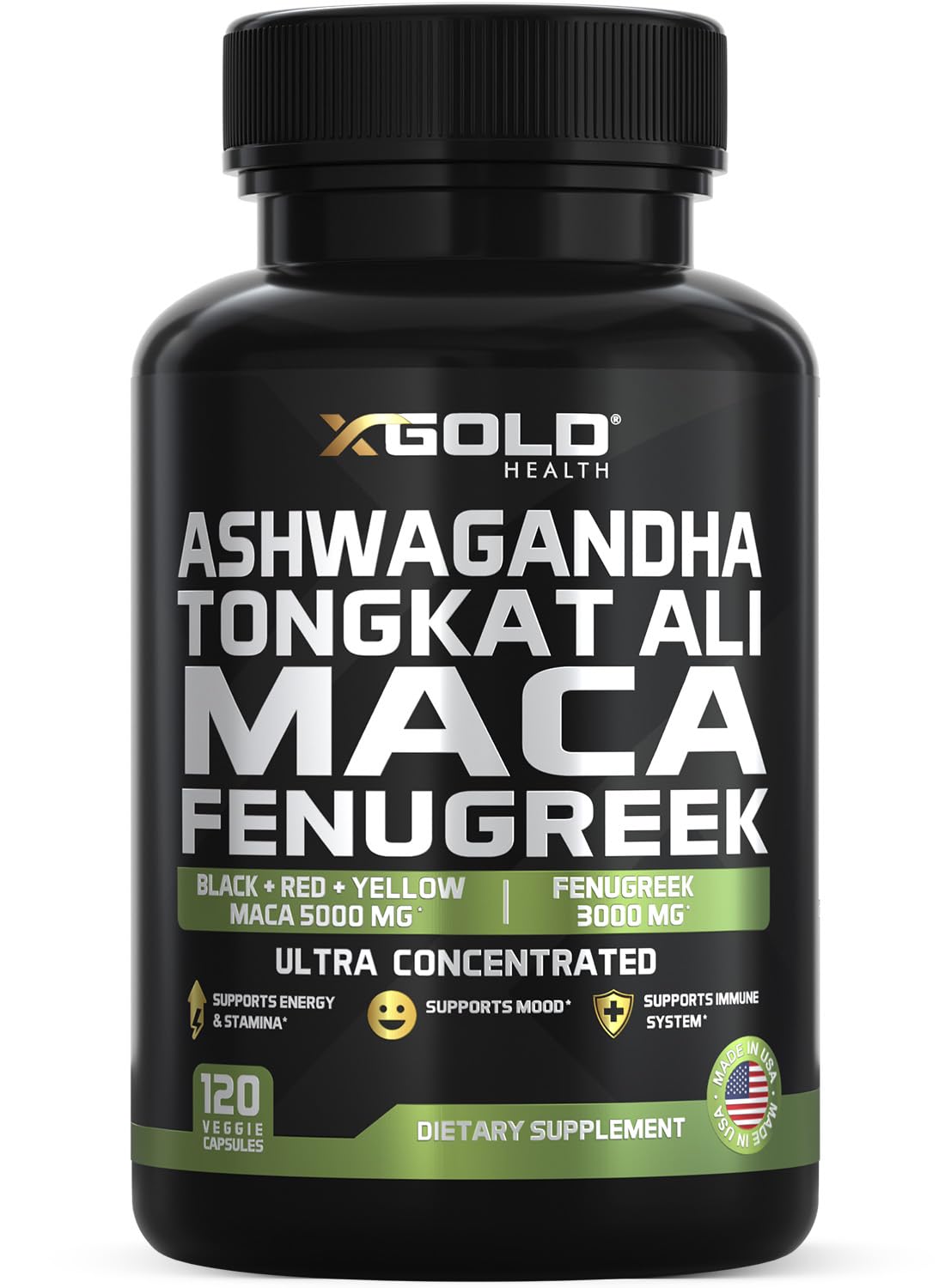 X Gold Health frasco de Ashwagandha-Tongkat-Maca para energía sostenida.
