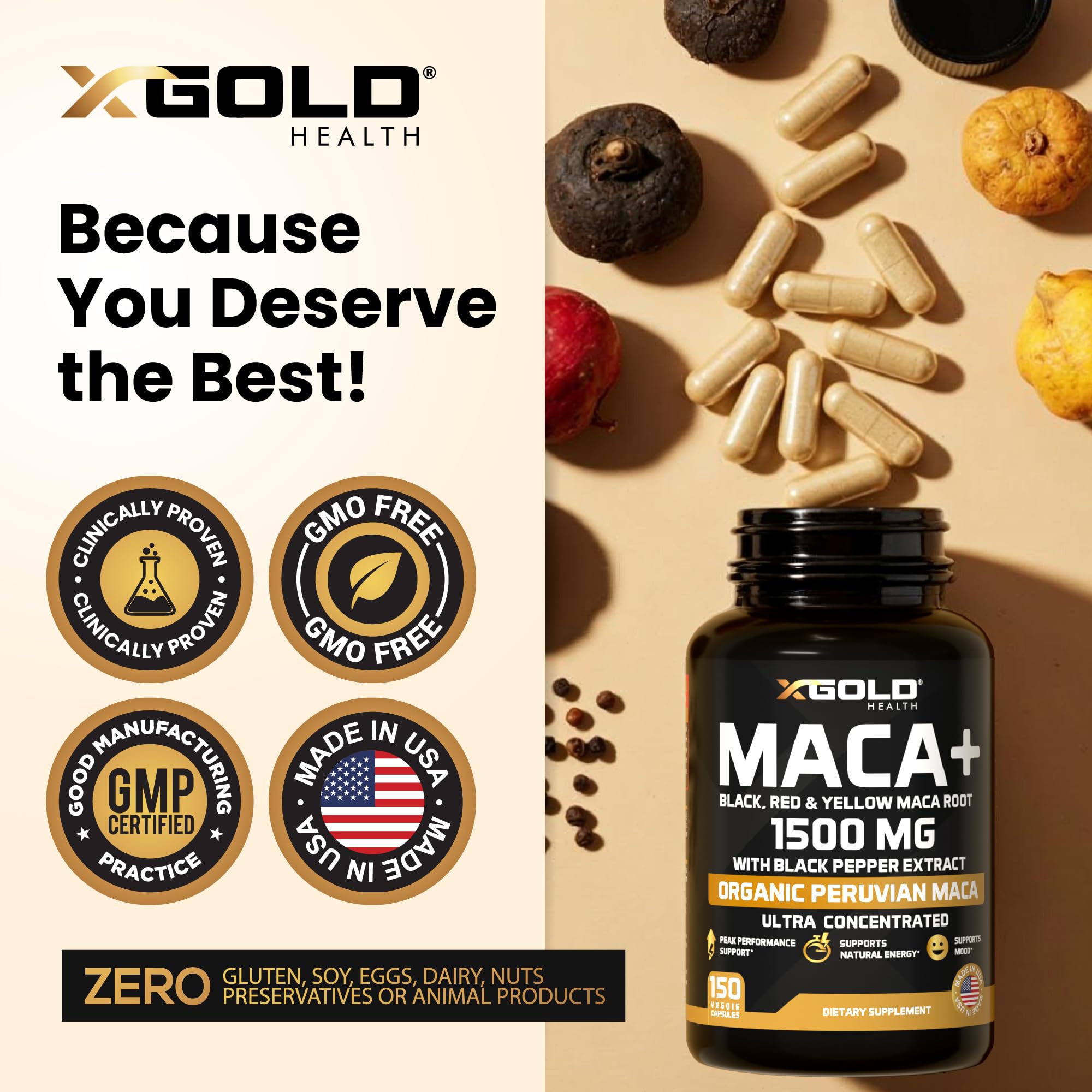 Envase de cápsulas de maca 1500 mg de X Gold Health, formato vegano.