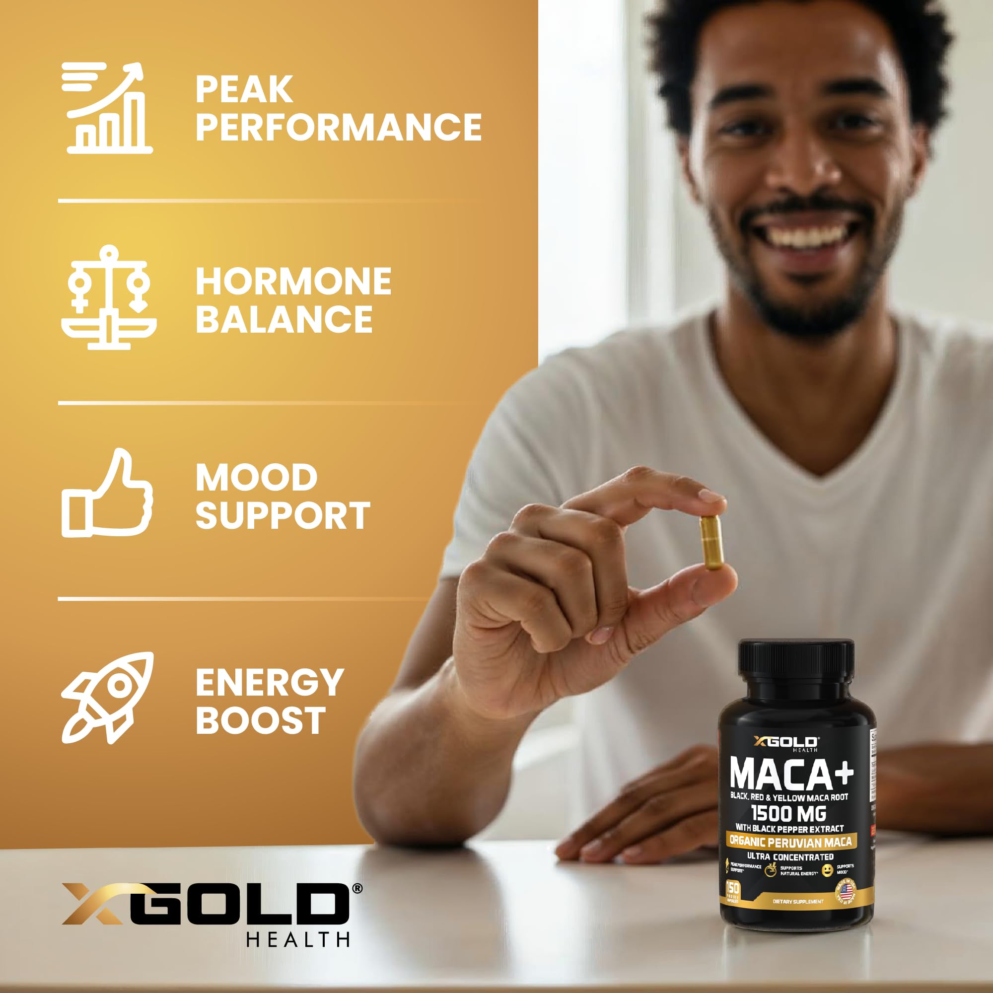 X Gold Health Maca amarilla peruana, cápsulas, bienestar general.