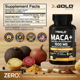 X Gold Health Maca negra peruana, cápsulas, tono terroso y vitalidad.