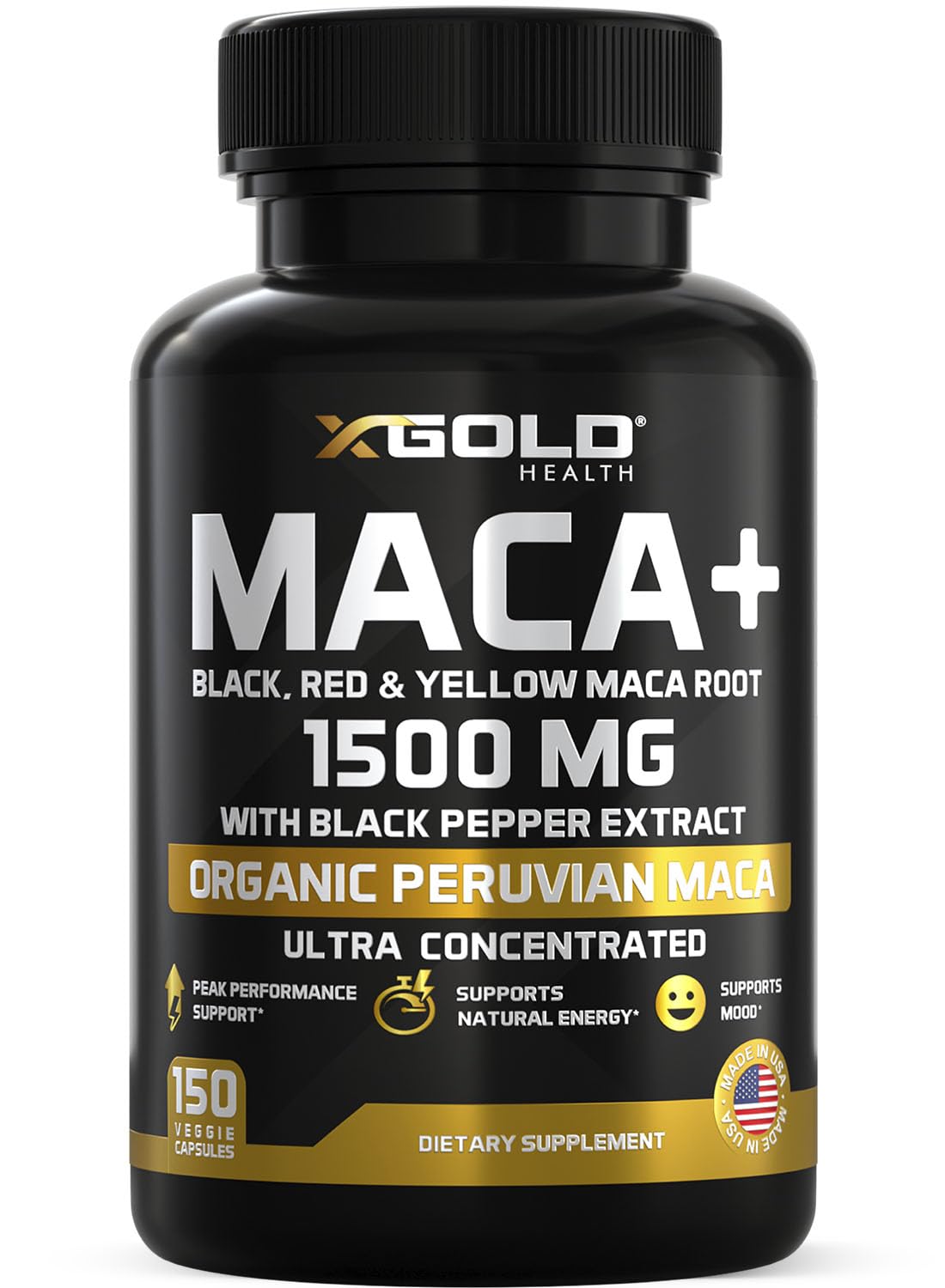 X Gold Health Maca orgánica, cápsulas 1500 mg, energía diaria potencial.