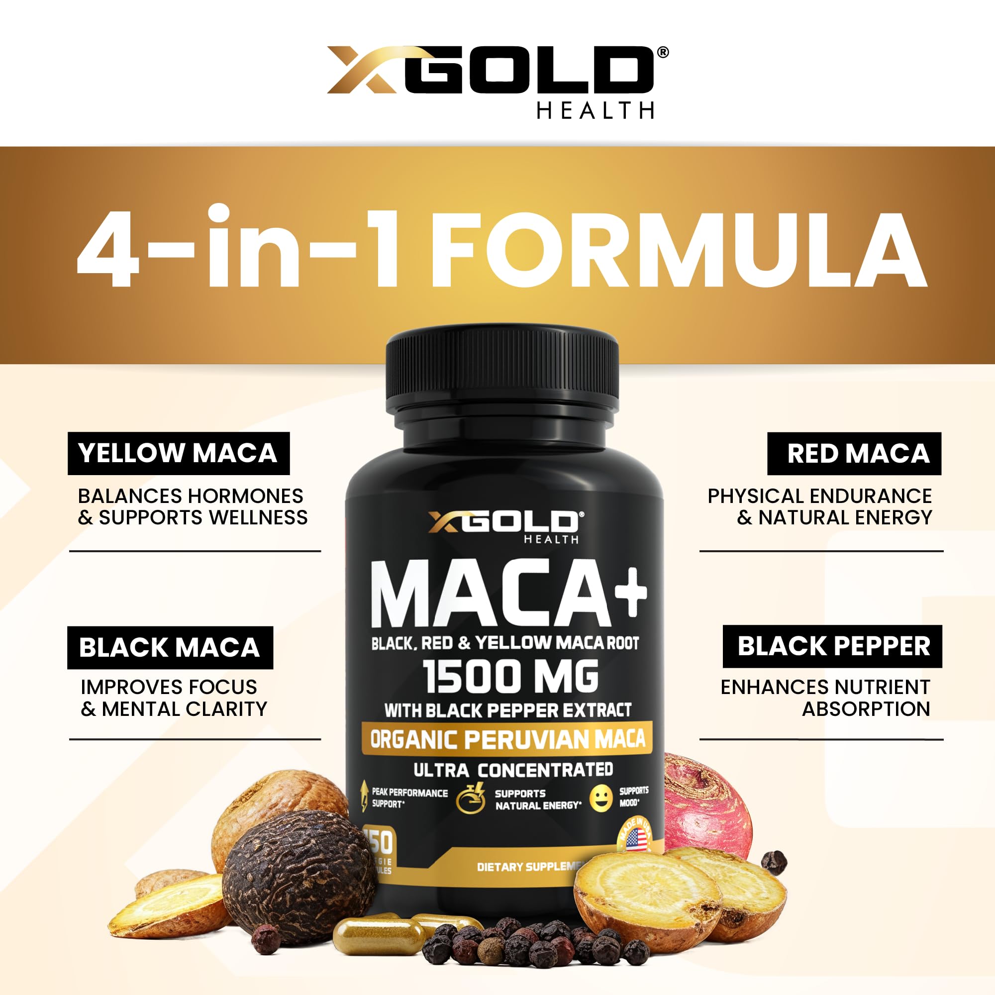 X Gold Health Maca roja peruana, cápsulas, equilibrio hormonal suave.