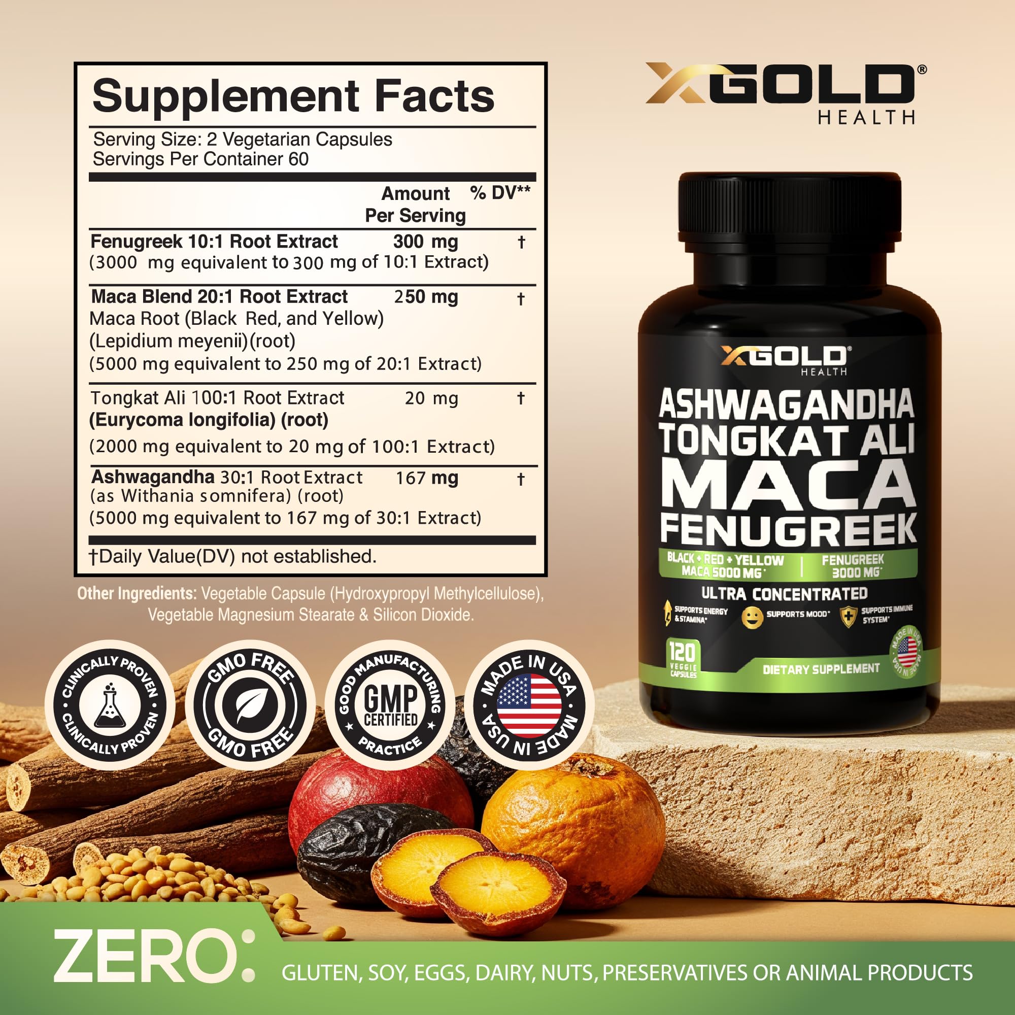 Mezcla de Ashwagandha y Maca, textura suave en polvo.